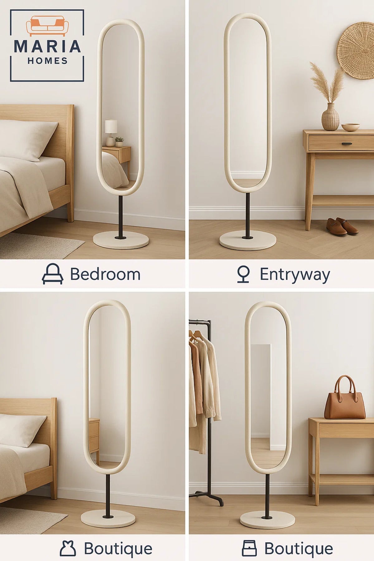 Modern White Full-Length Oval Mirror with Metal Stand Ð 169x40 cm