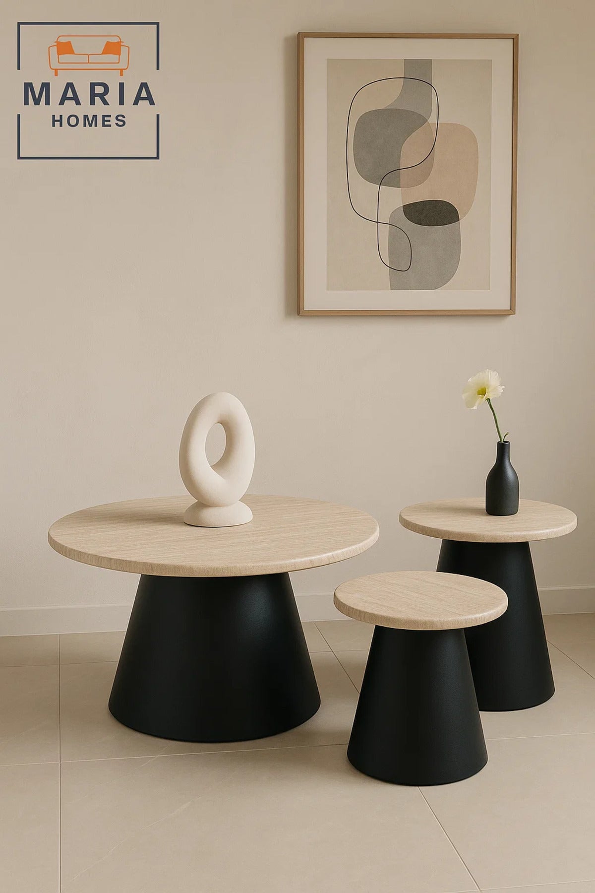 Modern Nesting Coffee Table Set 3-Piece Beige Marble Top with Black Cone Base for Living Rooms