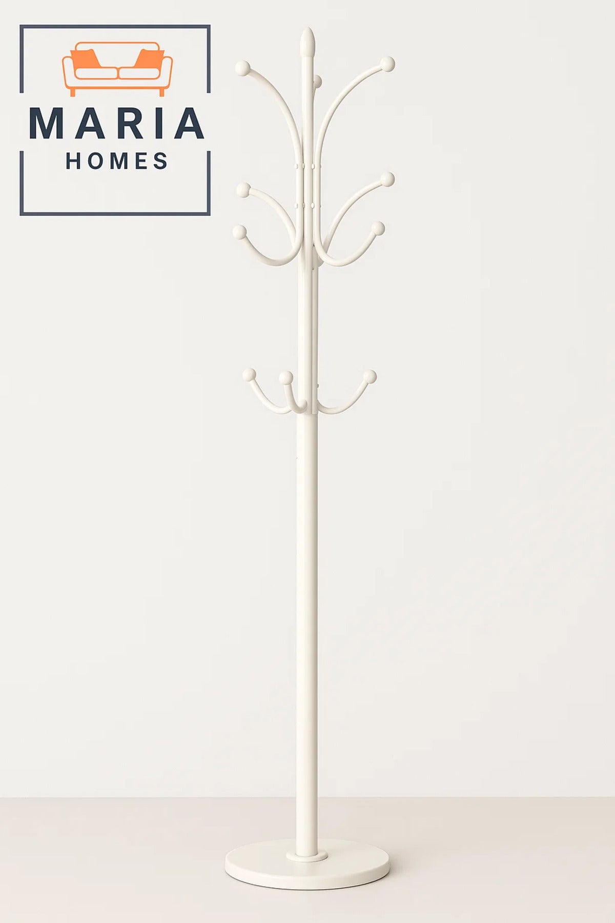 Classic White Coat Rack with Ball-End Hooks and Round Base