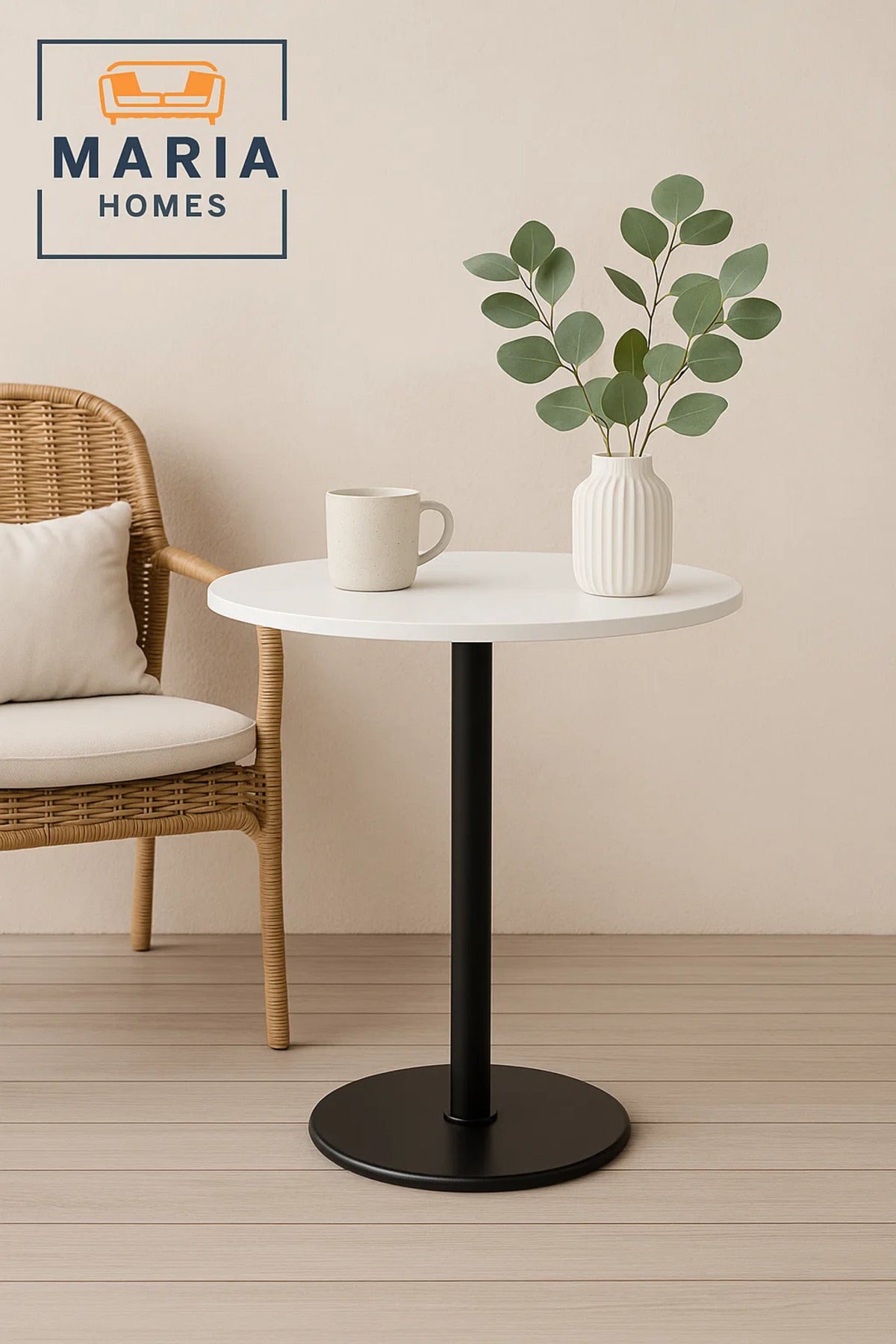 Round White CafŽ Table with Black Pedestal Base-size 70cm