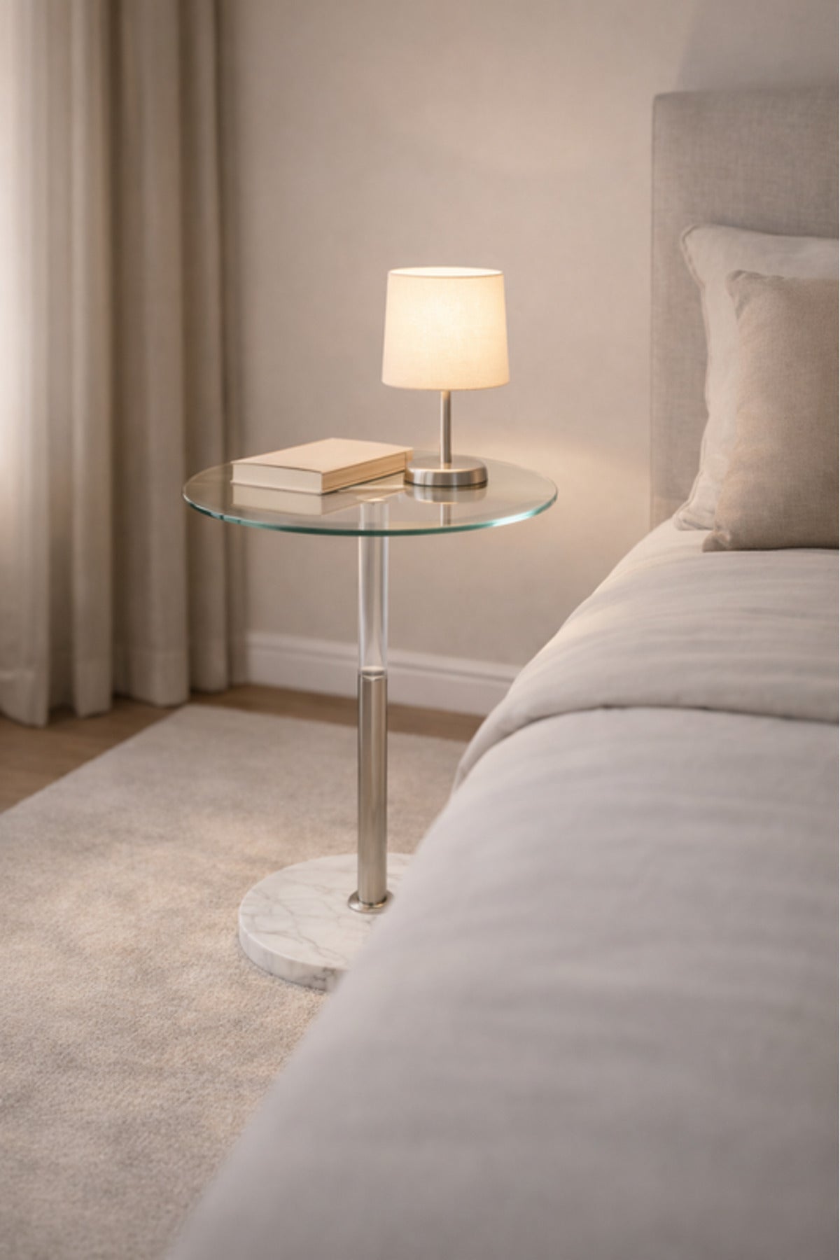 Round Glass Side Table with Silver Column and Marble Base 35_35_56 cm Accent round