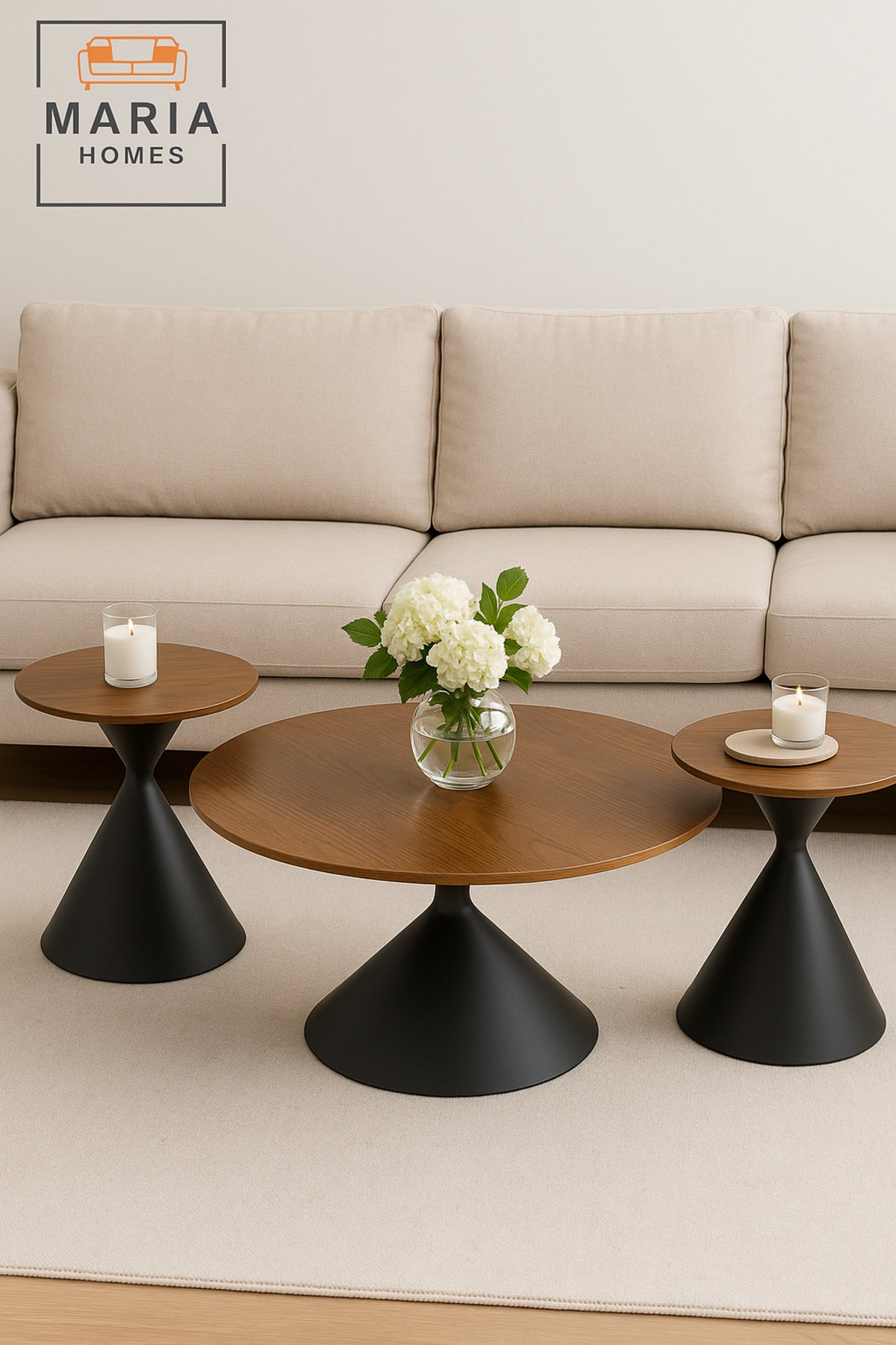 Modern Walnut Coffee Table Set Ð 3-Piece Round Center and Side Tables with Black Cone Base