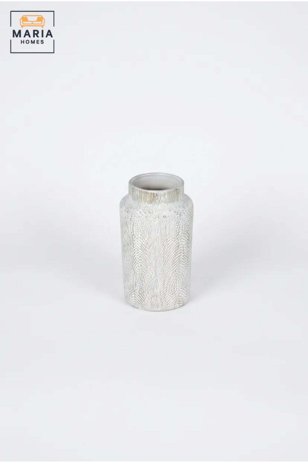 White Textured Decorative Vase, Modern Cylindrical Flower Holder with Embossed Leaf Design for Living Room, Bedroom, Office, Shelf and Table Décor