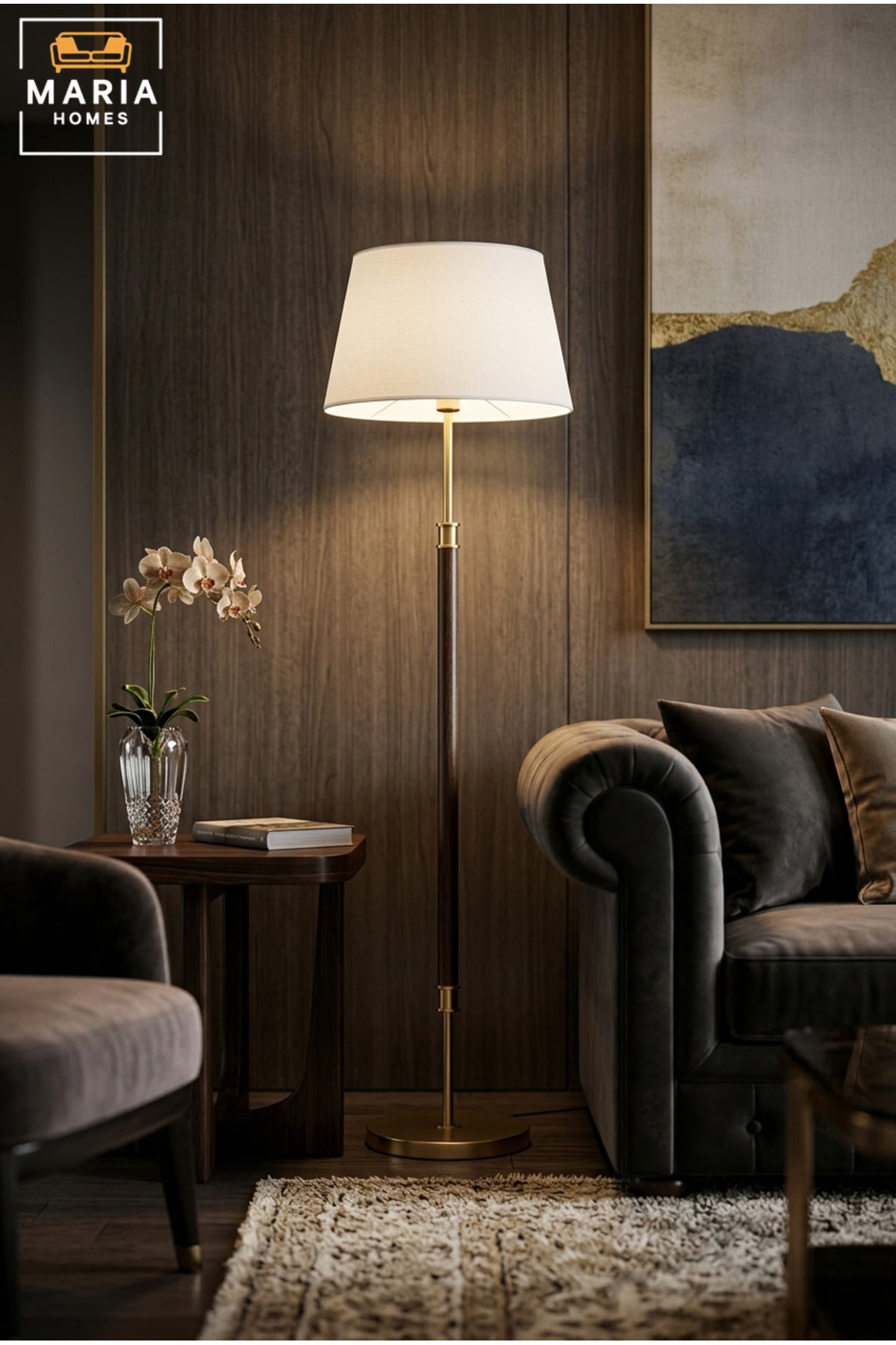 Modern Wooden Floor Lamp with Gold Accents, White Fabric Shade and Round Base Elegant Standing Light for Living Room Bedroom Office and Hotel Décor