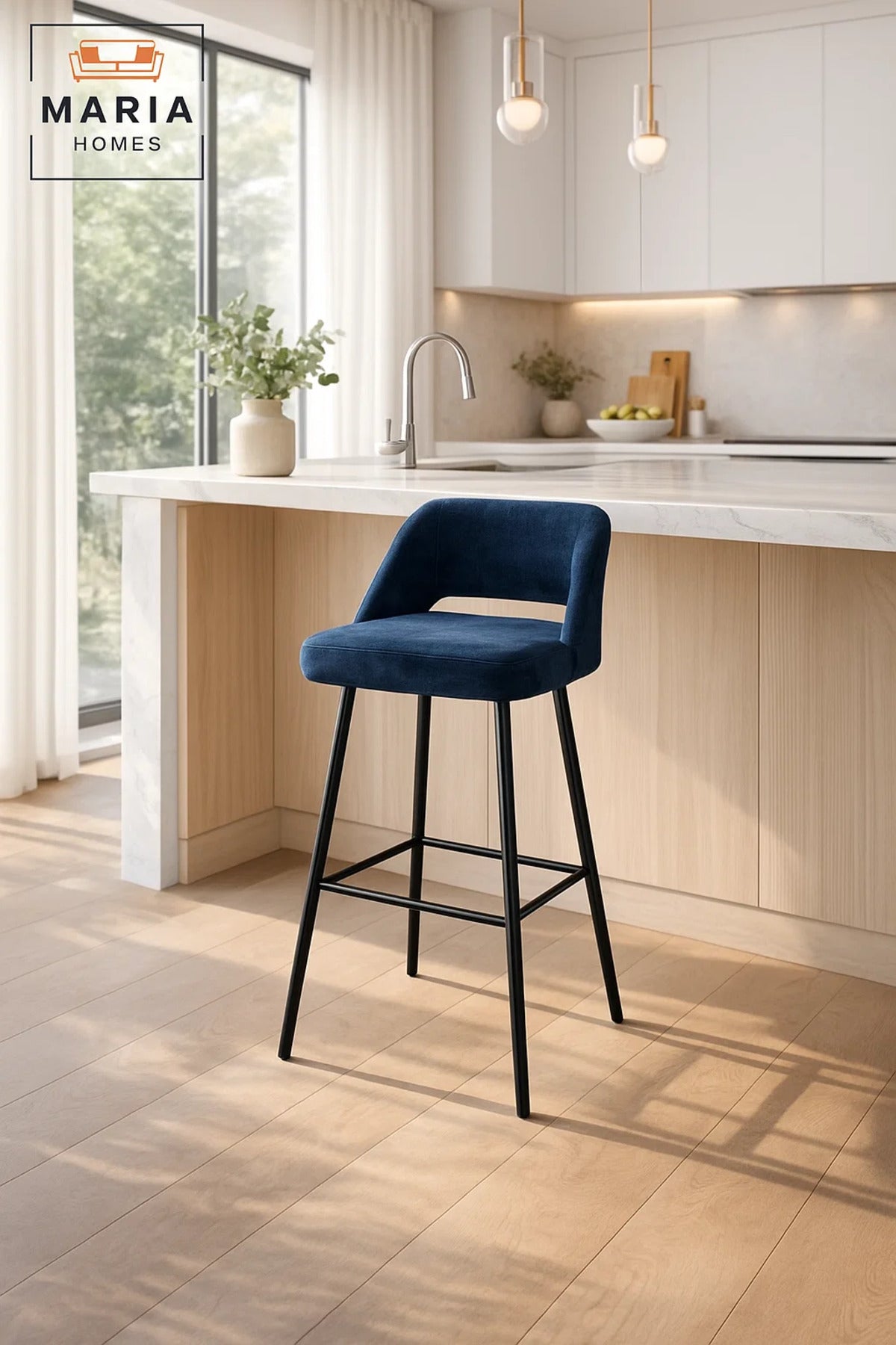 Modern Upholstered Bar Chair Blue High Stool with Metal Legs