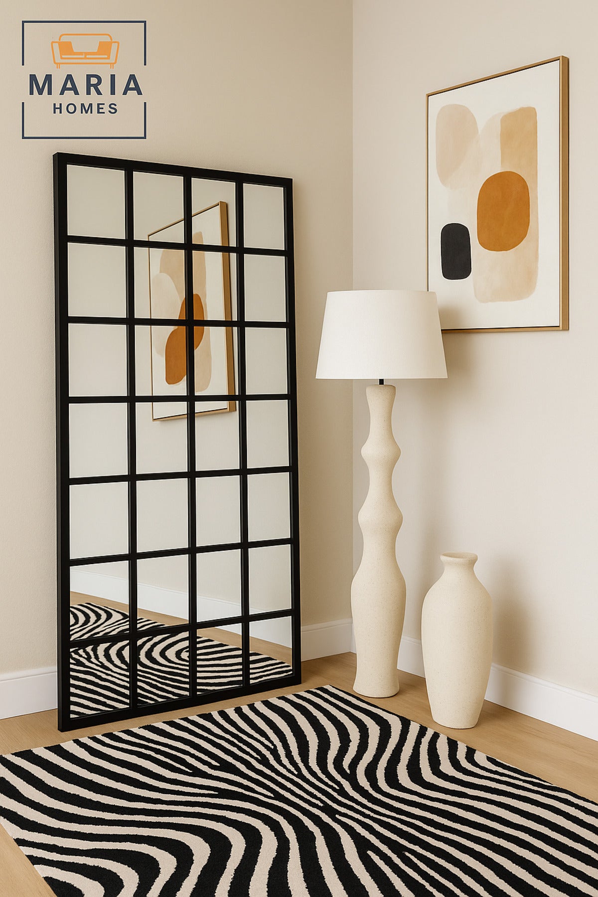Black Wooden Frame Wall Mirror with Grid Design Ð Decorative Full-Length Mirror (180_80 cm)