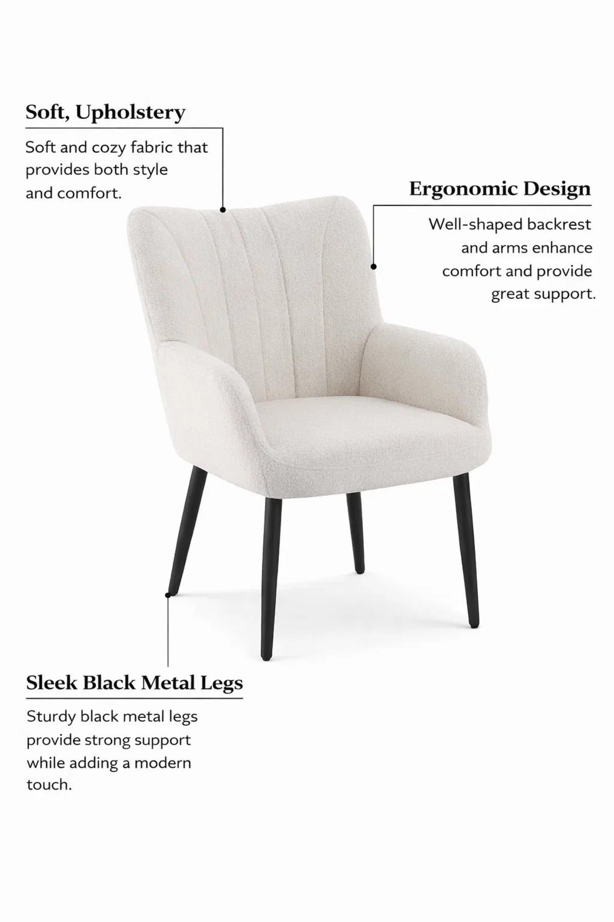 Modern White Boucle Dining Chair Soft Upholstered Armchair Black Legs for Kitchen and Dining Room