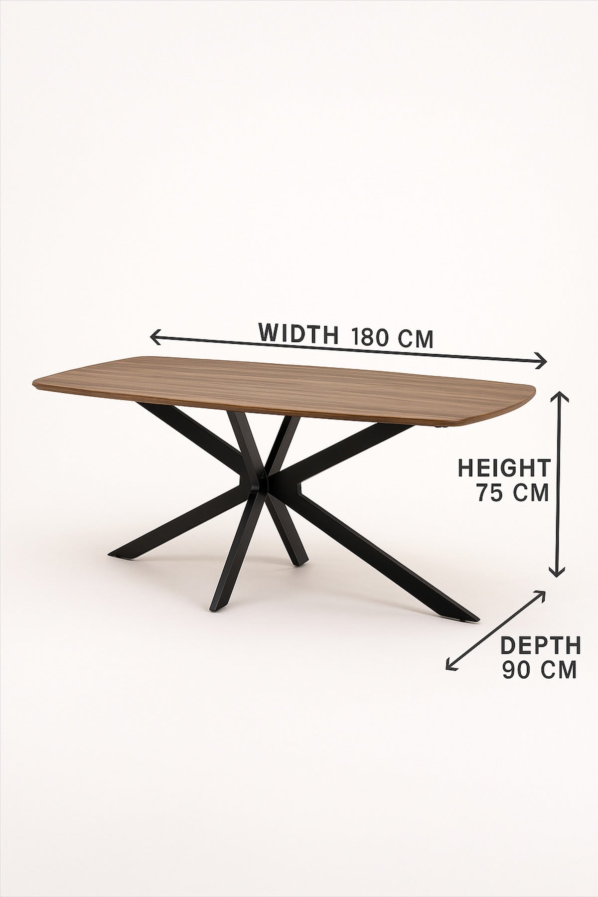 Modern Brown Dining Table Ð 180_90_75 cm | Elegant Wooden Top Table with Black Metal Cross Legs