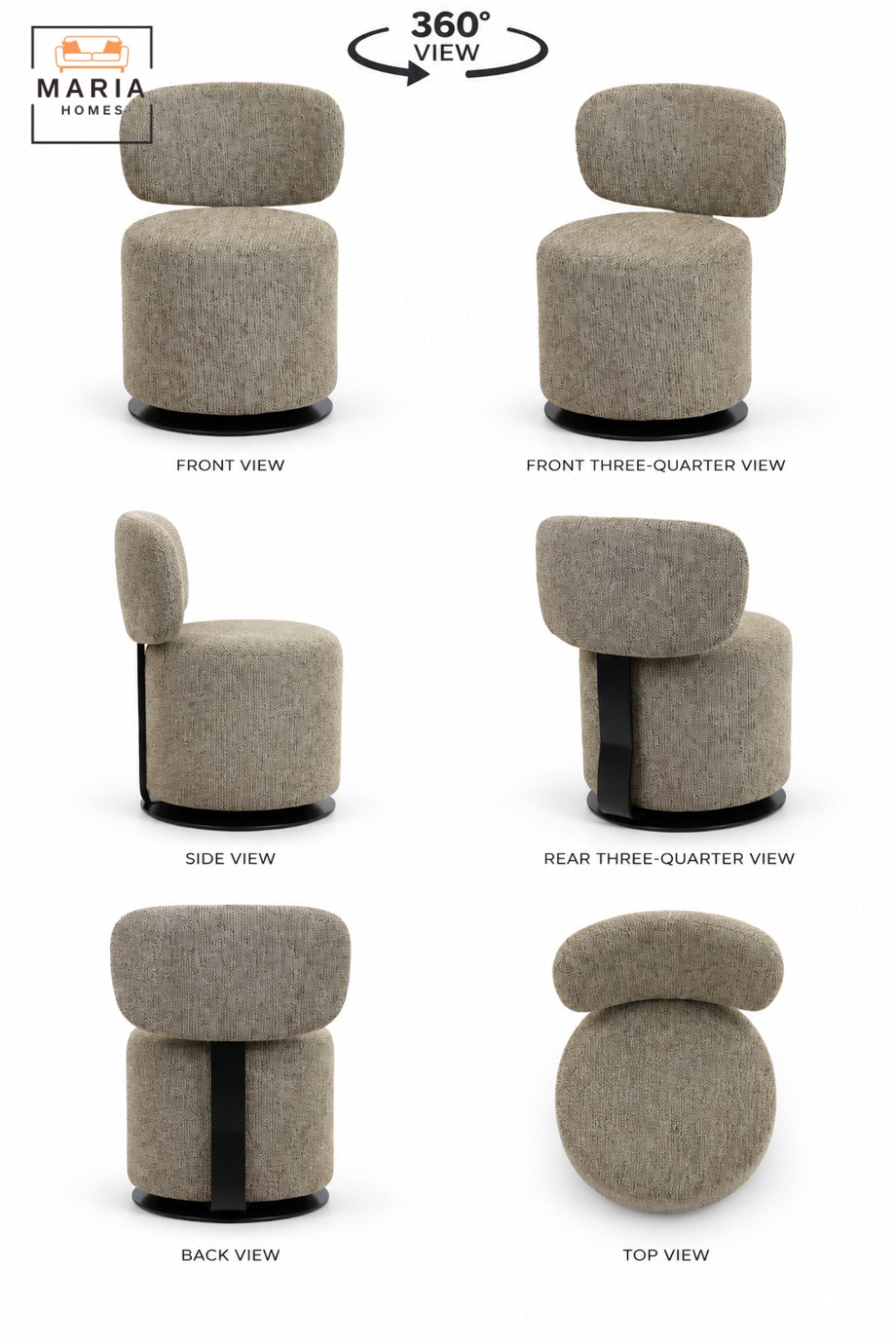 Modern 360° Swivel Arm Chair | Taupe Fabric Upholstered Accent Chair with Padded Seat, Curved Backrest & Black Round Base for Living Room