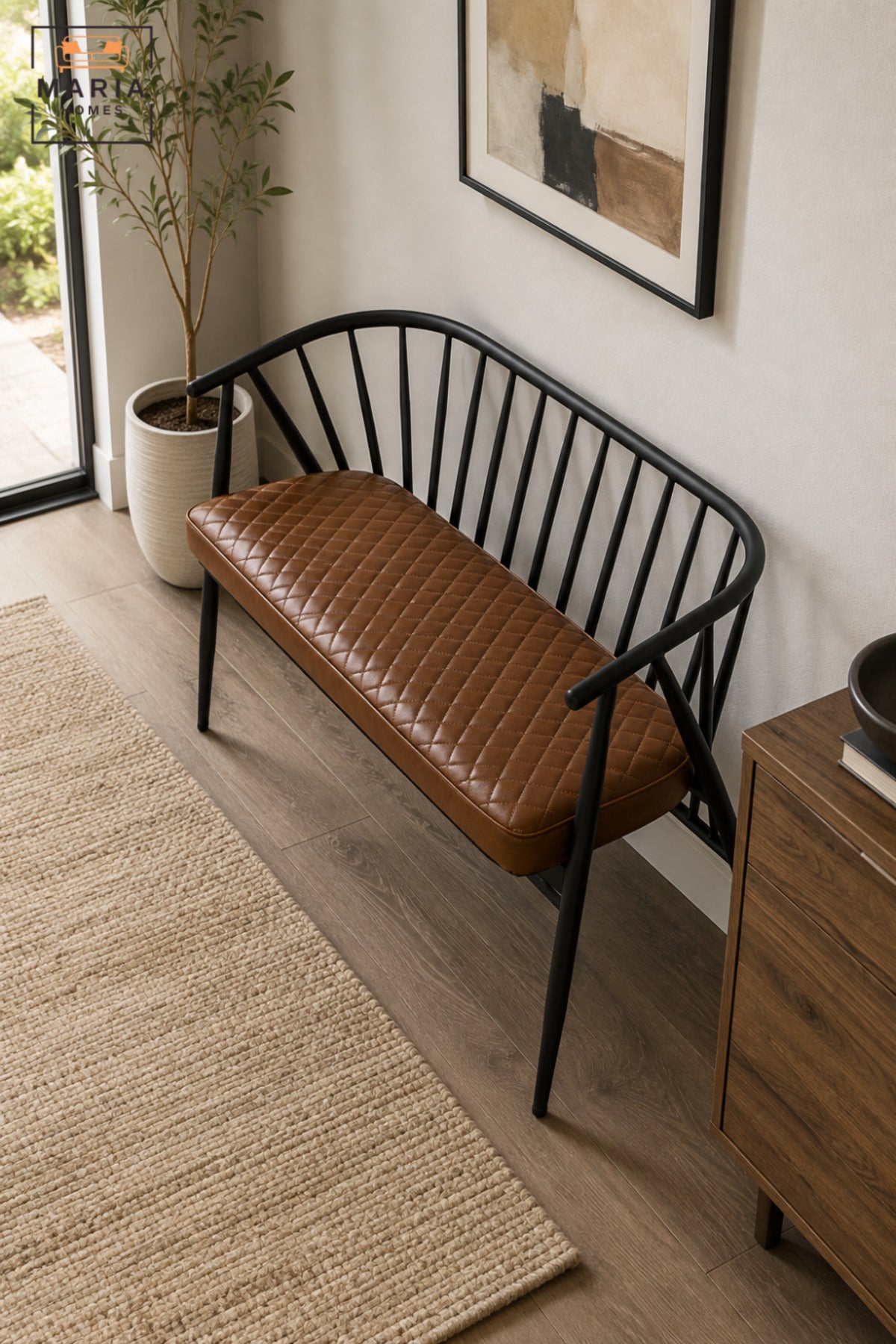 Modern 2 Seater Waiting Bench with Padded Seat, Curved Spindle Backrest and Armrests for Reception, Lounge, Office, Café & Guest Area