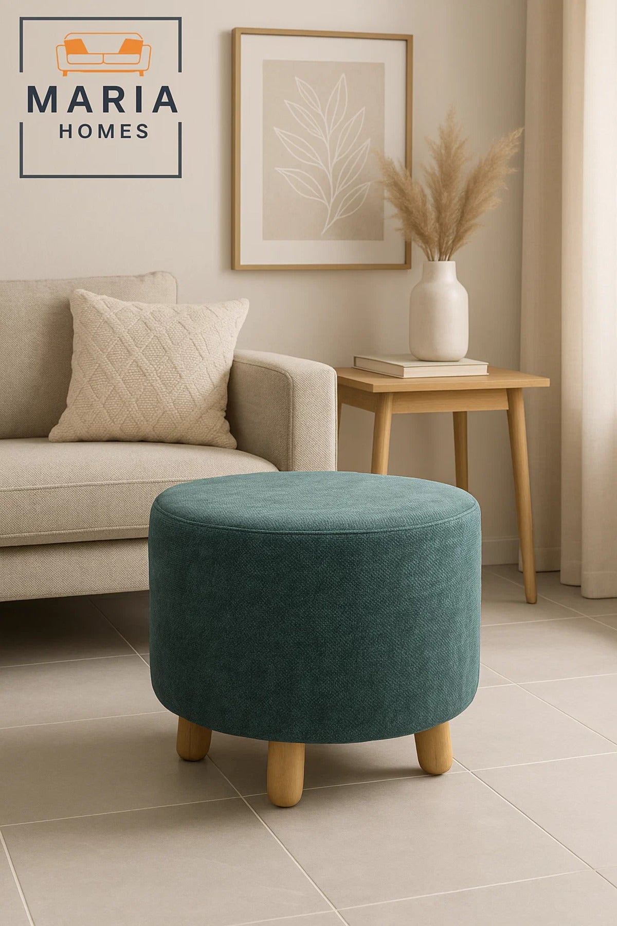 Round Green Velvet Ottoman Stool Ð with Wooden Legs for Living Room & Bedroom