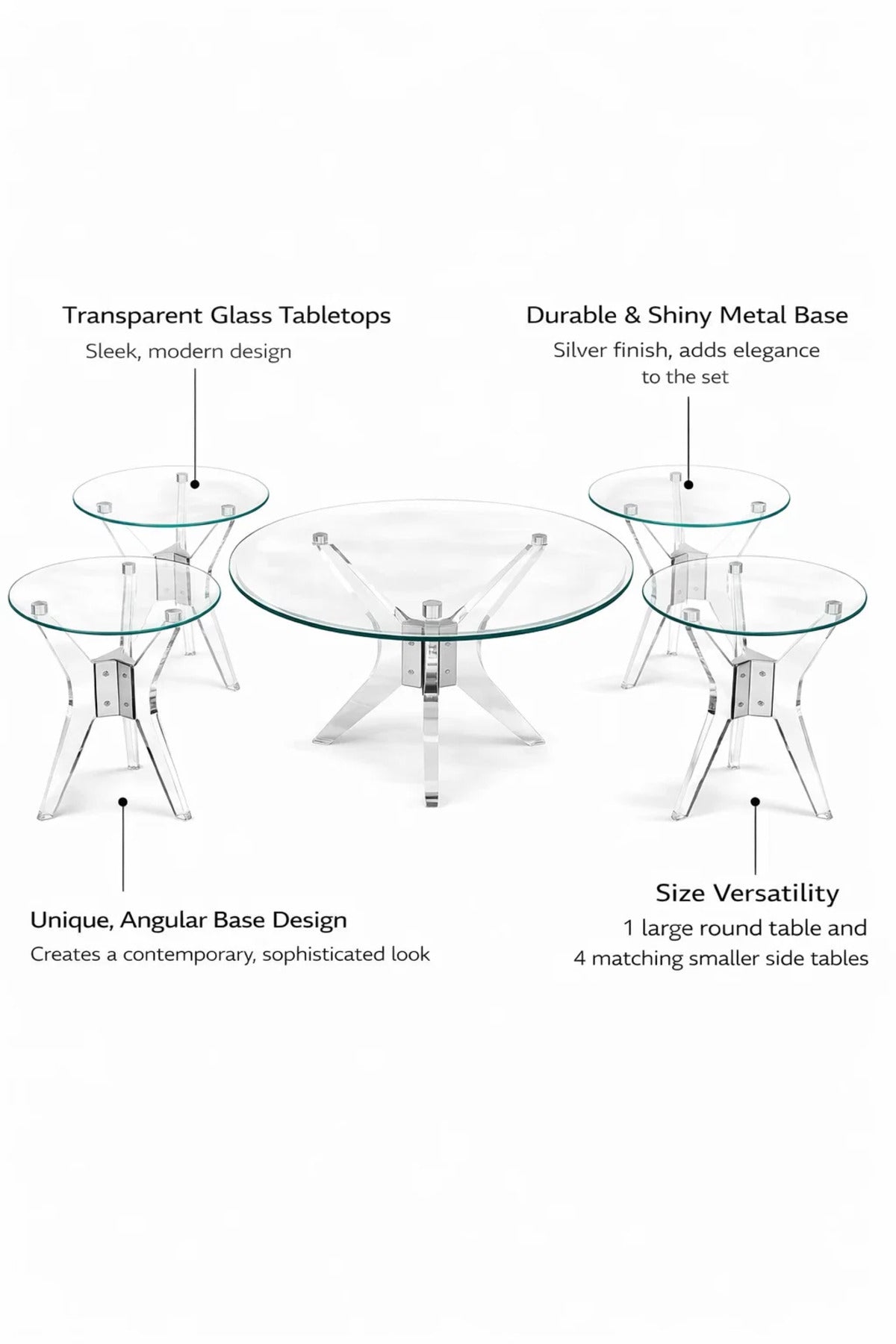 Modern Acrylic Console Table Set 1+4 Tempered Glass Top Silver Legs for Luxury Home Living