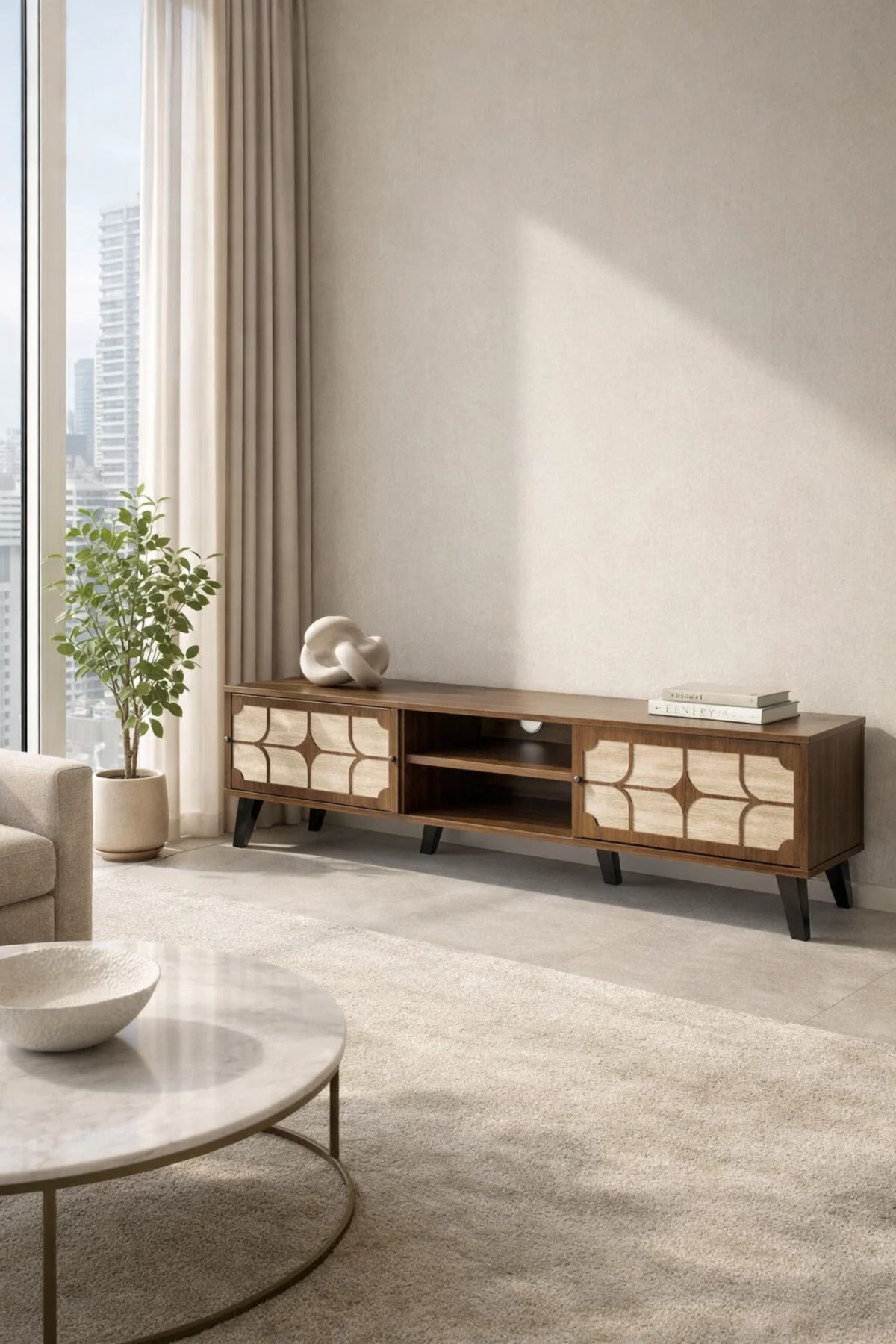 حامل تلفزيون خشبي حديث بني داكن بنمط حجر بيج 160 × 40 × 43 سم