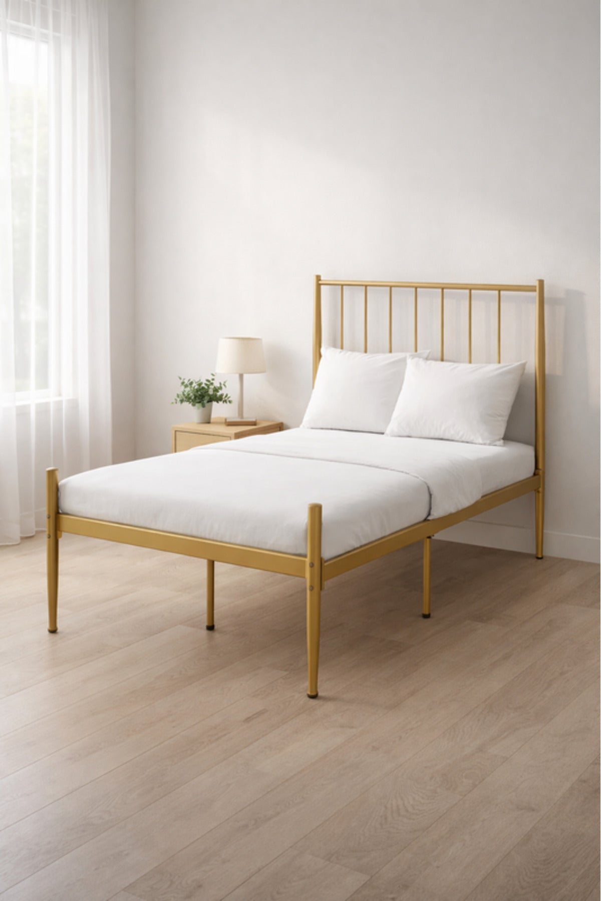 Gold Metal Single Bed Frame with Vertical Headboard gold metal single / Base