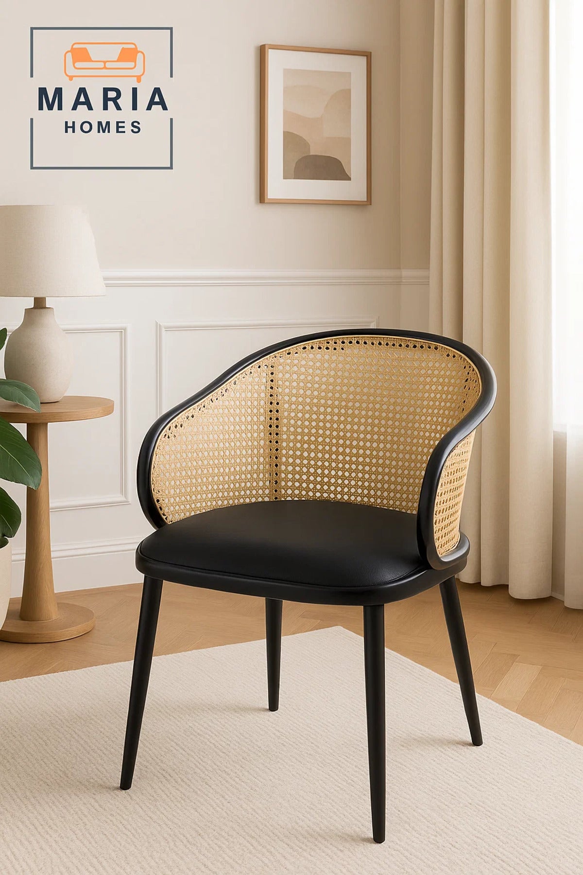 Modern Rattan Backrest Barrel Chair with Black Cushion Seat Ð Stylish Cane Accent Chair for Dining