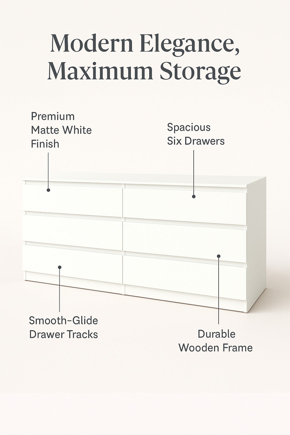 White Wooden Drawer Cabinet 160_48_79 cm Ð Modern 6-Drawer Dresser for Bedroom, Living Room & Office