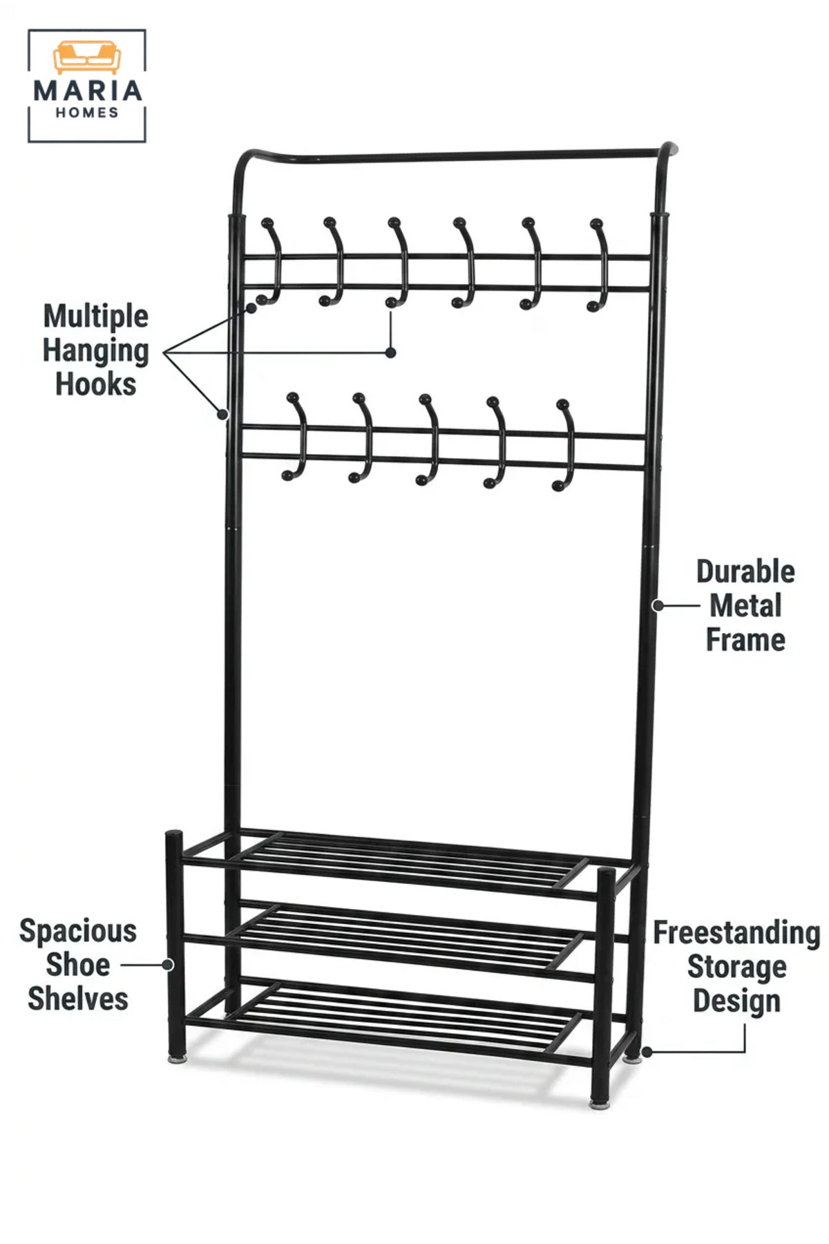 Freestanding Clothes Rack with Multiple Hanging Hooks and Three Storage Shelves, Garment Organiser for Bedroom, Dressing Room, Laundry Room and Boutique
