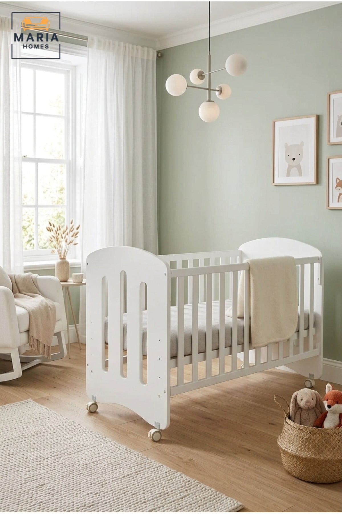 Wooden Baby Cot with Safety Rails and Caster Wheels, Modern Nursery Crib Bed with Slatted Sides for Newborn Babies, Infants and Toddlers
