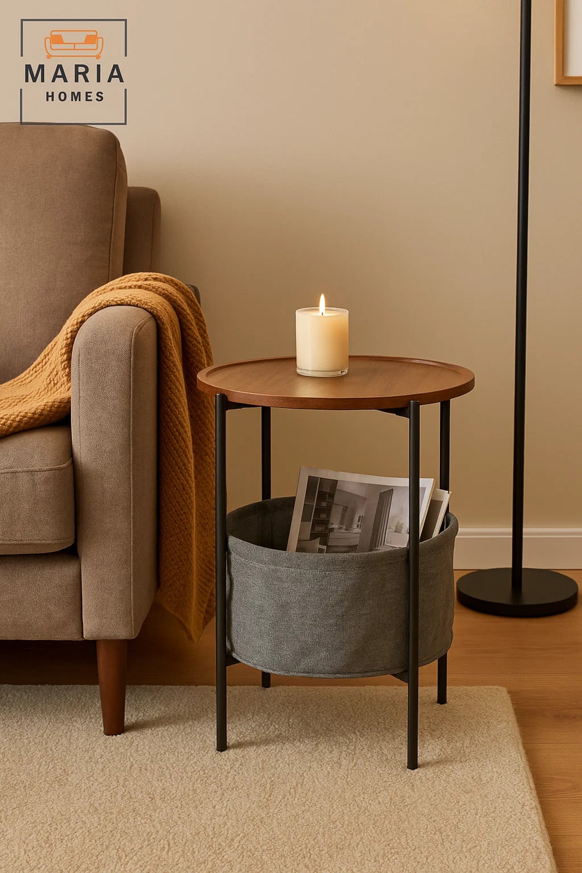 Compact Round Display Table with Dark Stone Finish and Short Black Legs