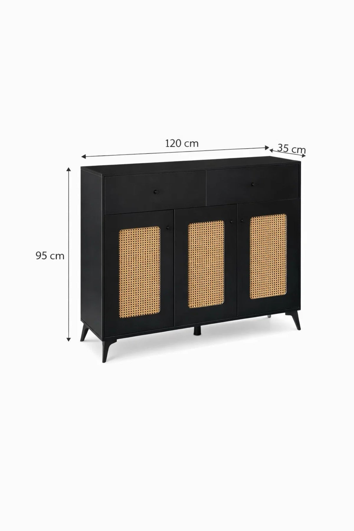 Stylish Black Cane Webbing Shoe Cabinet 3 Doors 2 Drawers Entryway Console Table 120x35x95cm