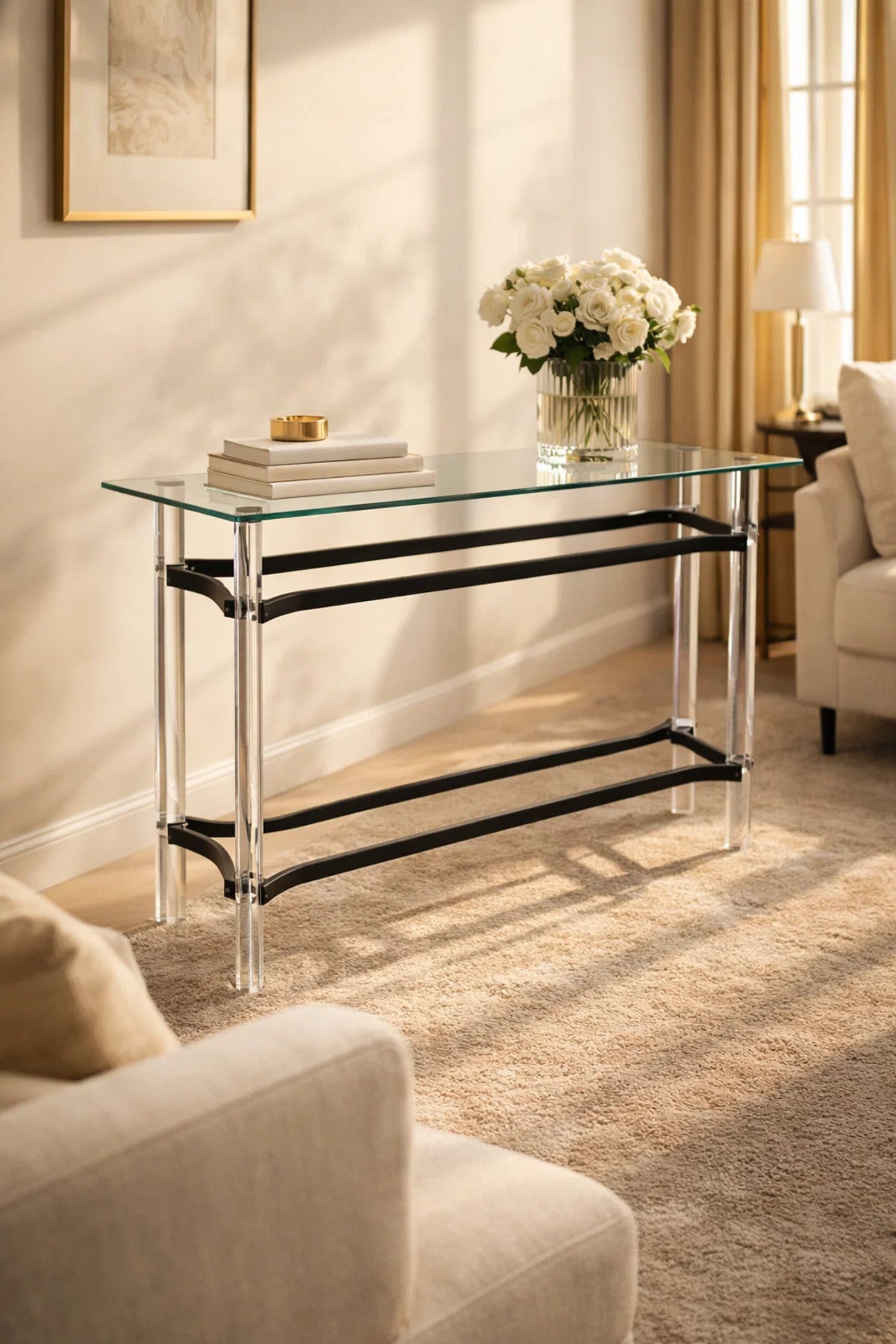Elegant Acrylic and Glass Console Table with Black Accents Modern Hallway Entryway Furniture 120cm