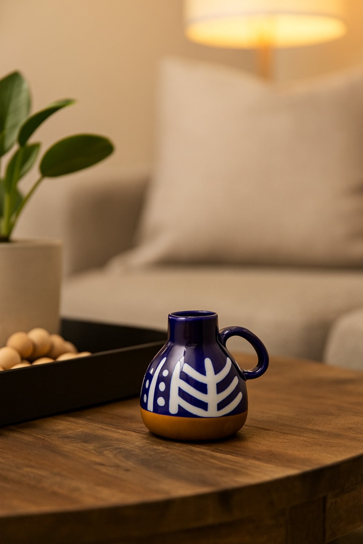 Dark Blue and White Ceramic Jug Ð Handcrafted Geometric Decorative Vase