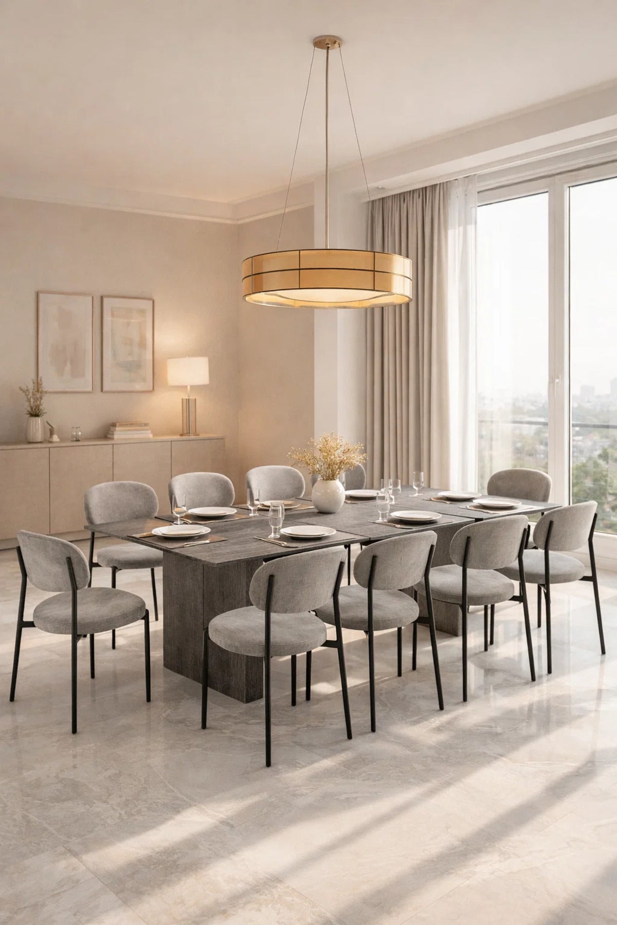 Contemporary 11-Piece Dining Set with Grey Stone Finish Table and Ten Modern Fabric Chairs