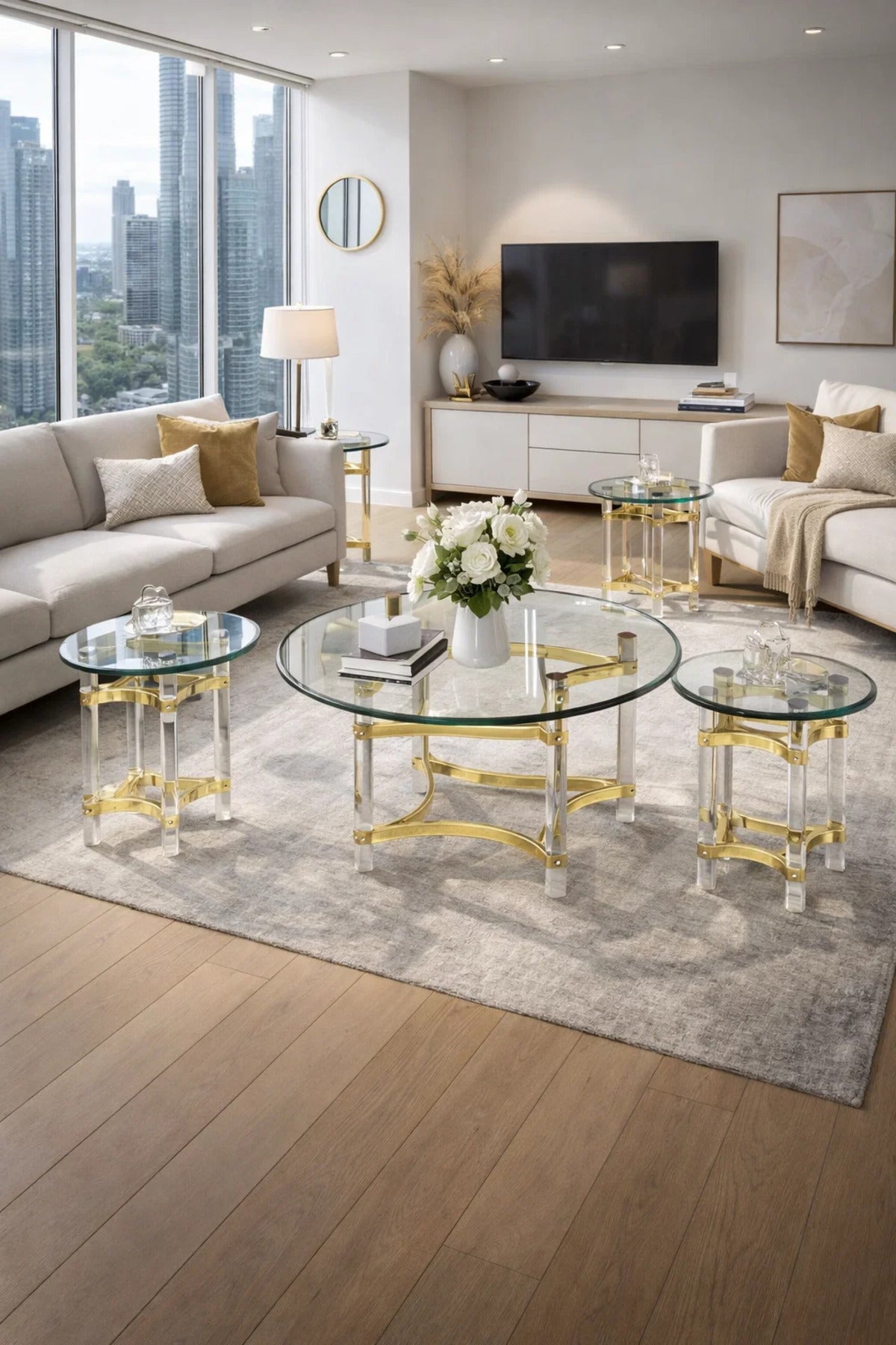 Luxury 5-Piece Glass Coffee Table Set with Gold Acrylic Base √ê Modern Design for Living Room
