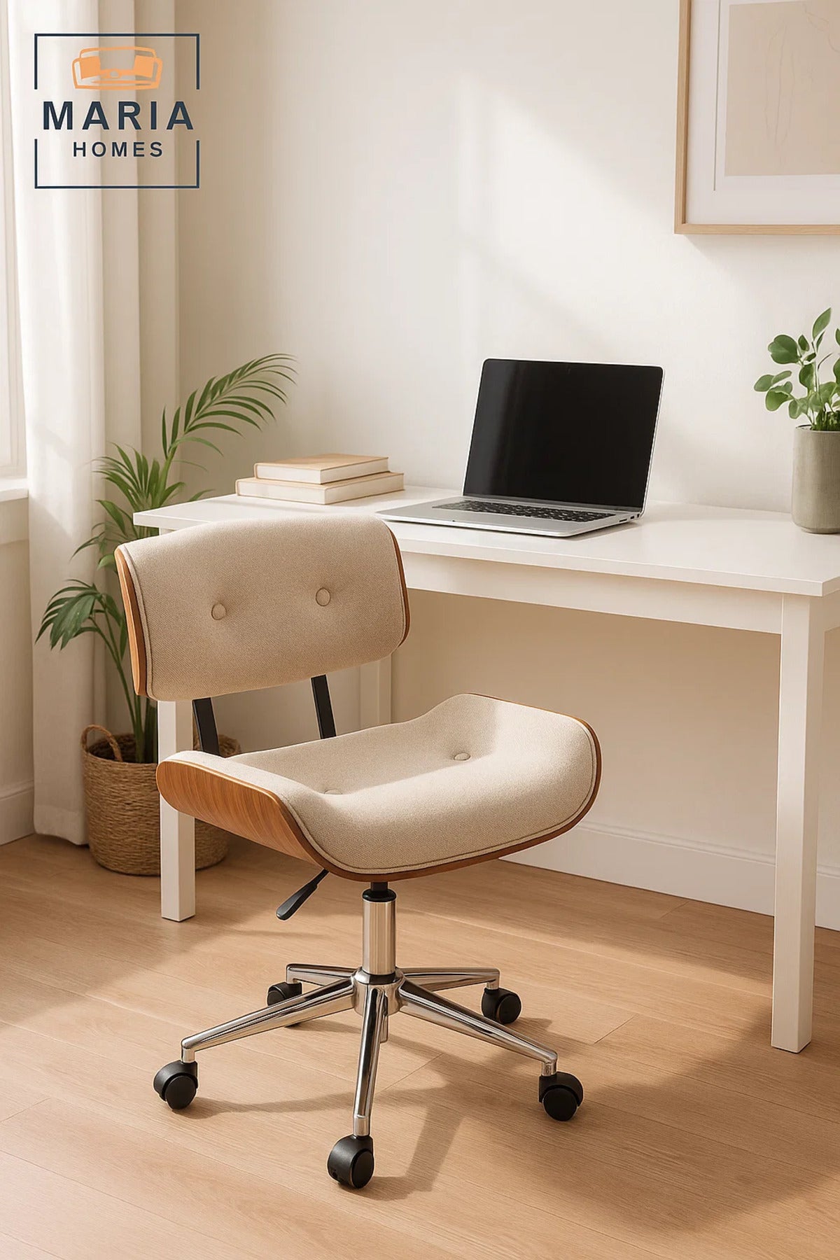 Beige Mid-Century Office Chair, Adjustable Swivel Desk Chair with Wheels & Cushioned Seat
