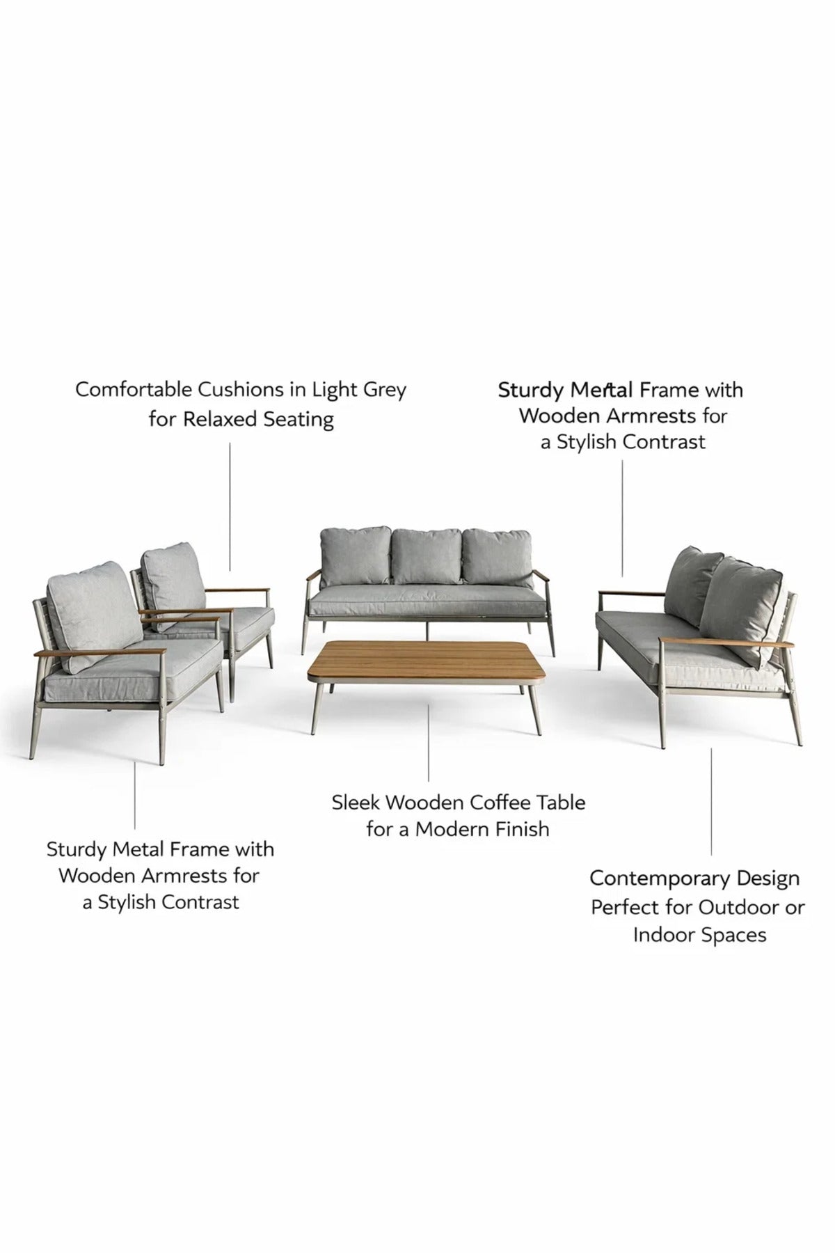 Modern 7-Piece Light Grey Sofa Set with Wooden Coffee Table √ê Contemporary Living Room Furniture