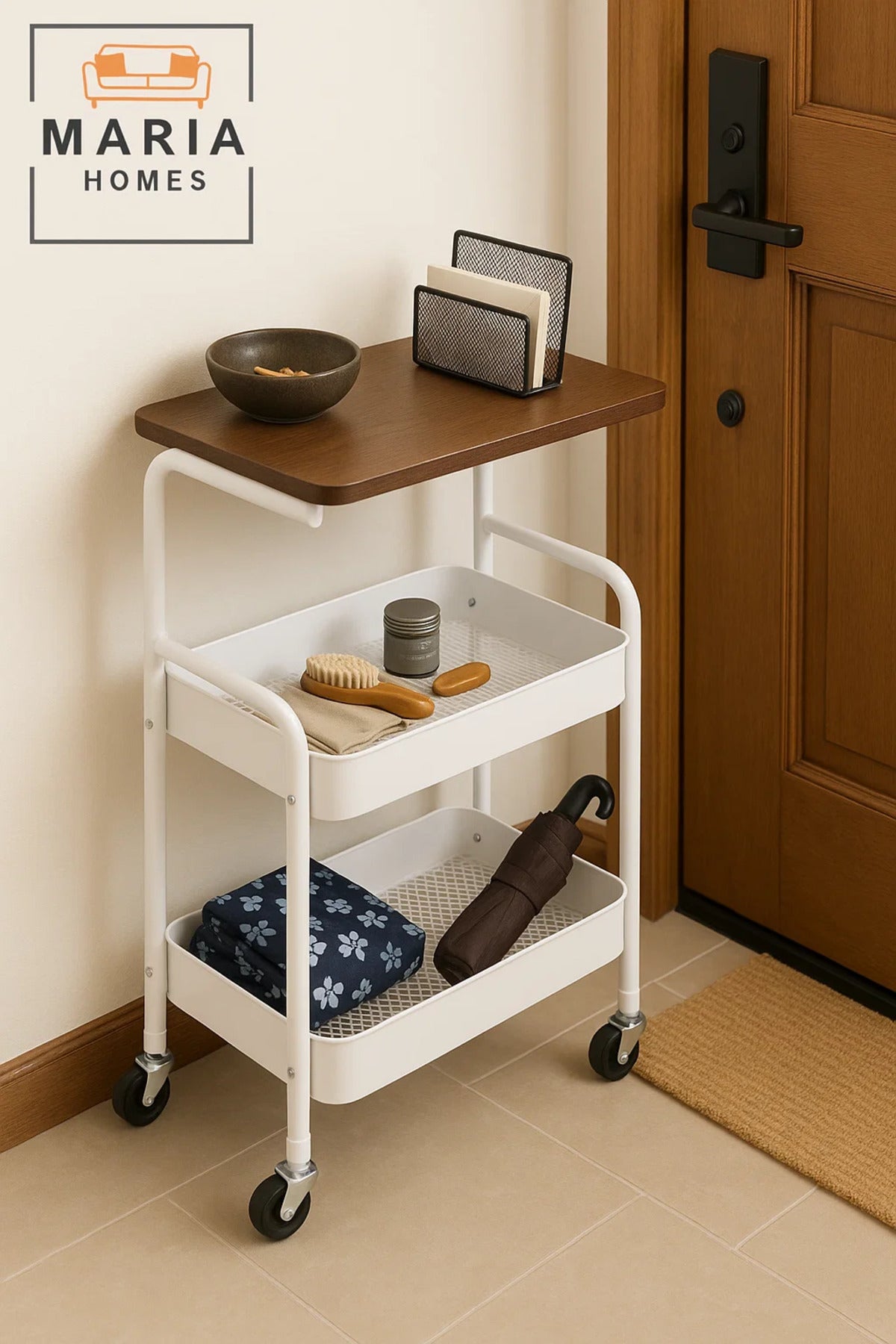 2-Tier Rolling Bedside Table with Wooden Top Ð Mobile Nightstand Cart with Storage for Bedroom Use
