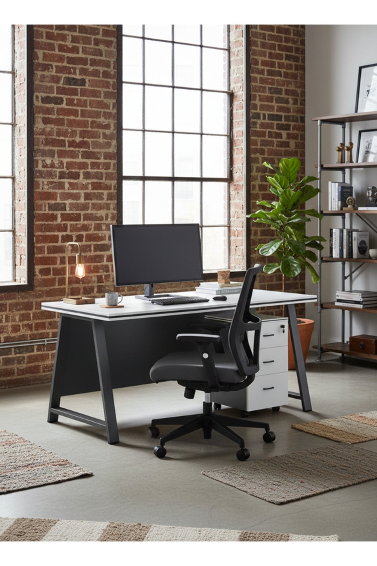 Modern White and Grey Office Desk with Mobile Drawer Cabinet