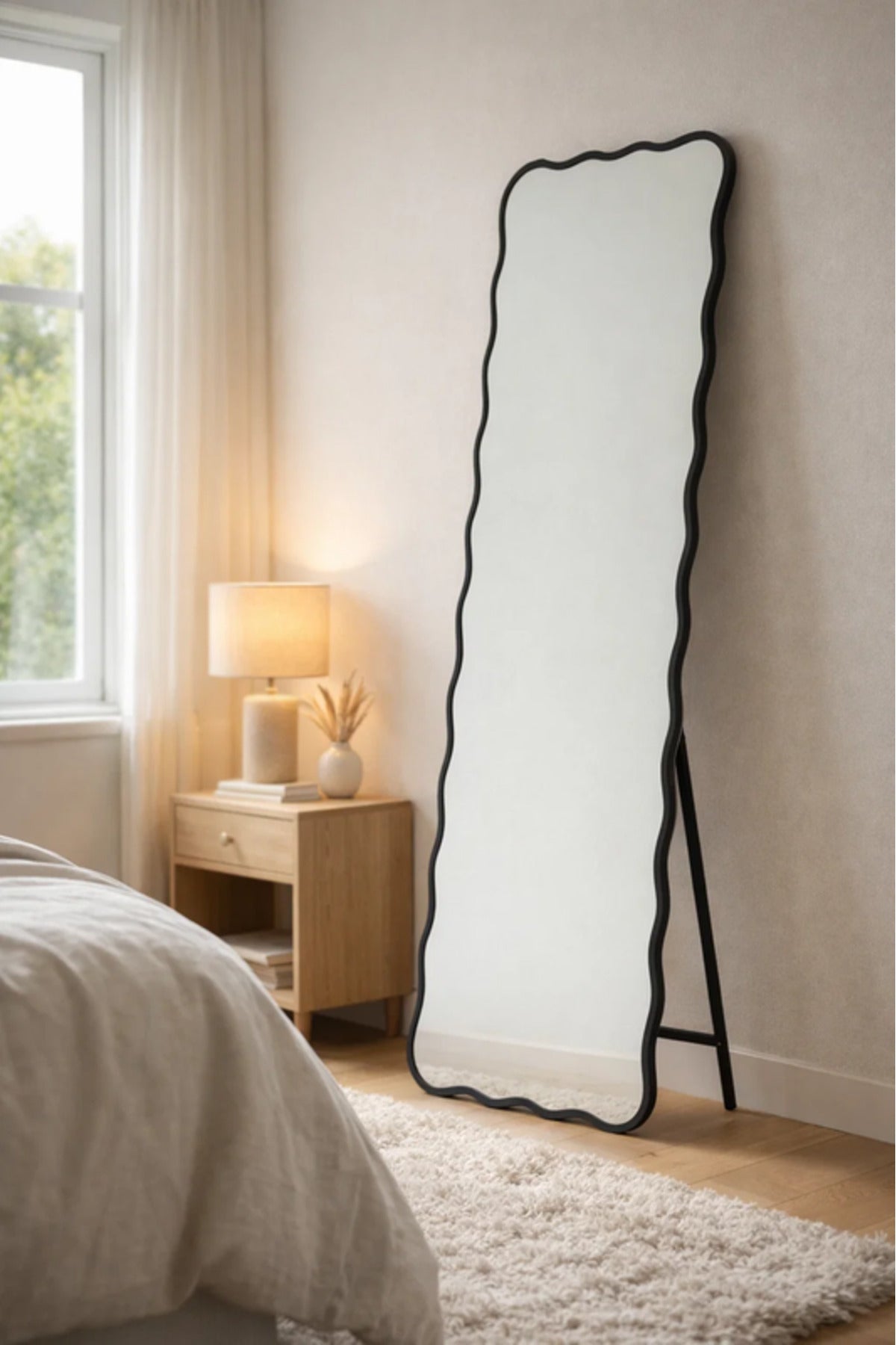 Wavy Black Frame Floor Mirror Full Length Standing Mirror for Bedroom