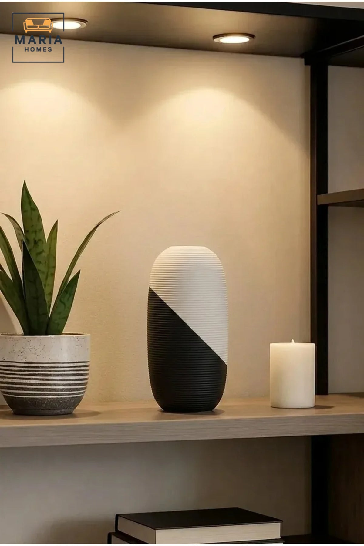 Modern Decorative Flower Vase with Two-Tone Abstract Design, Oval Shape and Ribbed Texture for Living Room, Bedroom, Office, Shelf and Console Décor