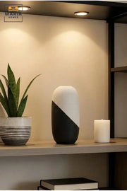 Modern Decorative Flower Vase with Two-Tone Abstract Design, Oval Shape and Ribbed Texture for Living Room, Bedroom, Office, Shelf and Console Décor