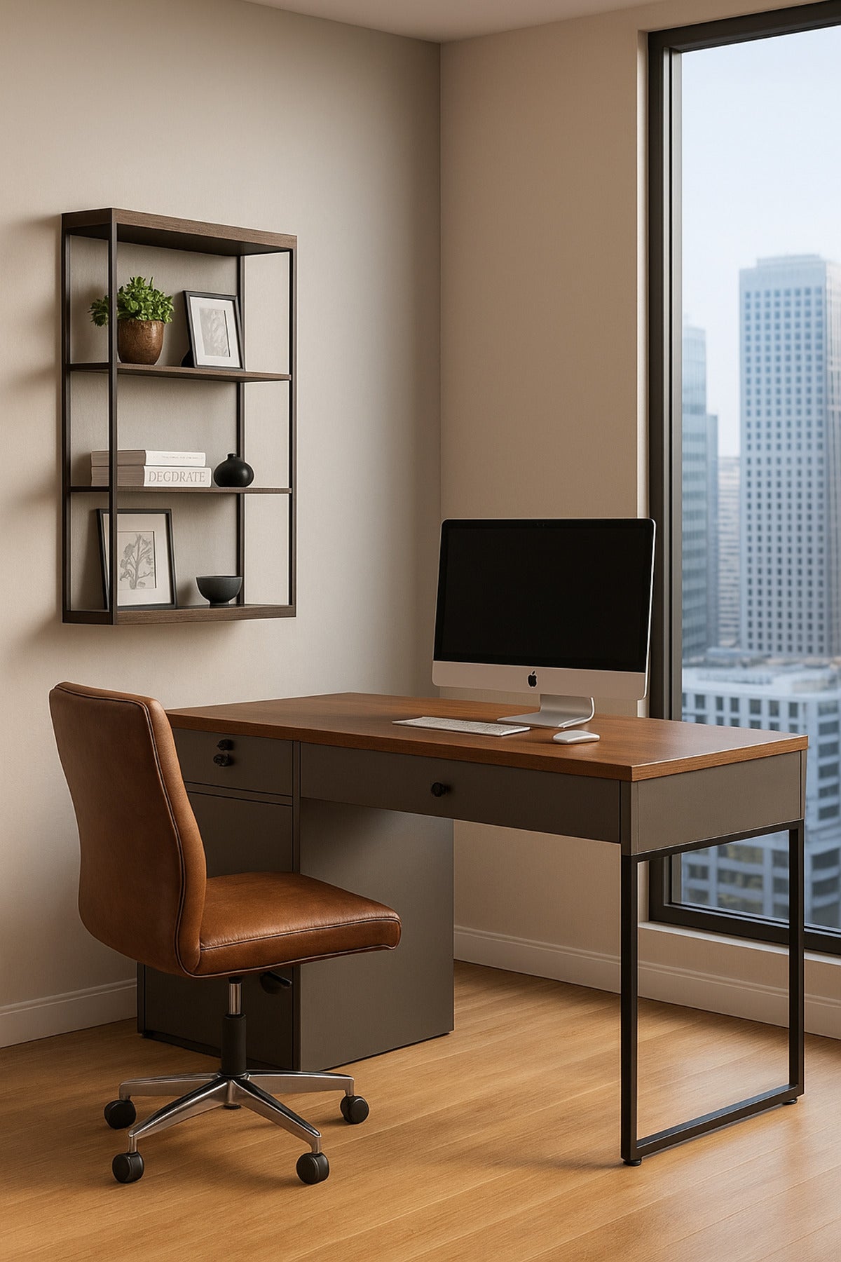 Modern Office Desk 120_60x75 cm Ð Gray + Walnut Table with Drawer & Storage Cabinet