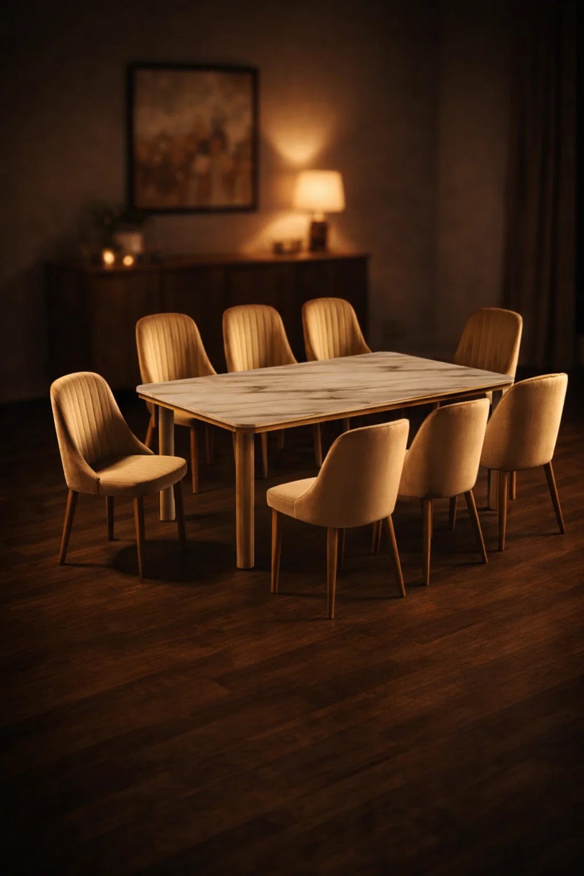 Elegant 9-Piece Dining Room Set with Marble Pattern Table and Eight Beige Velvet Upholstered Chairs