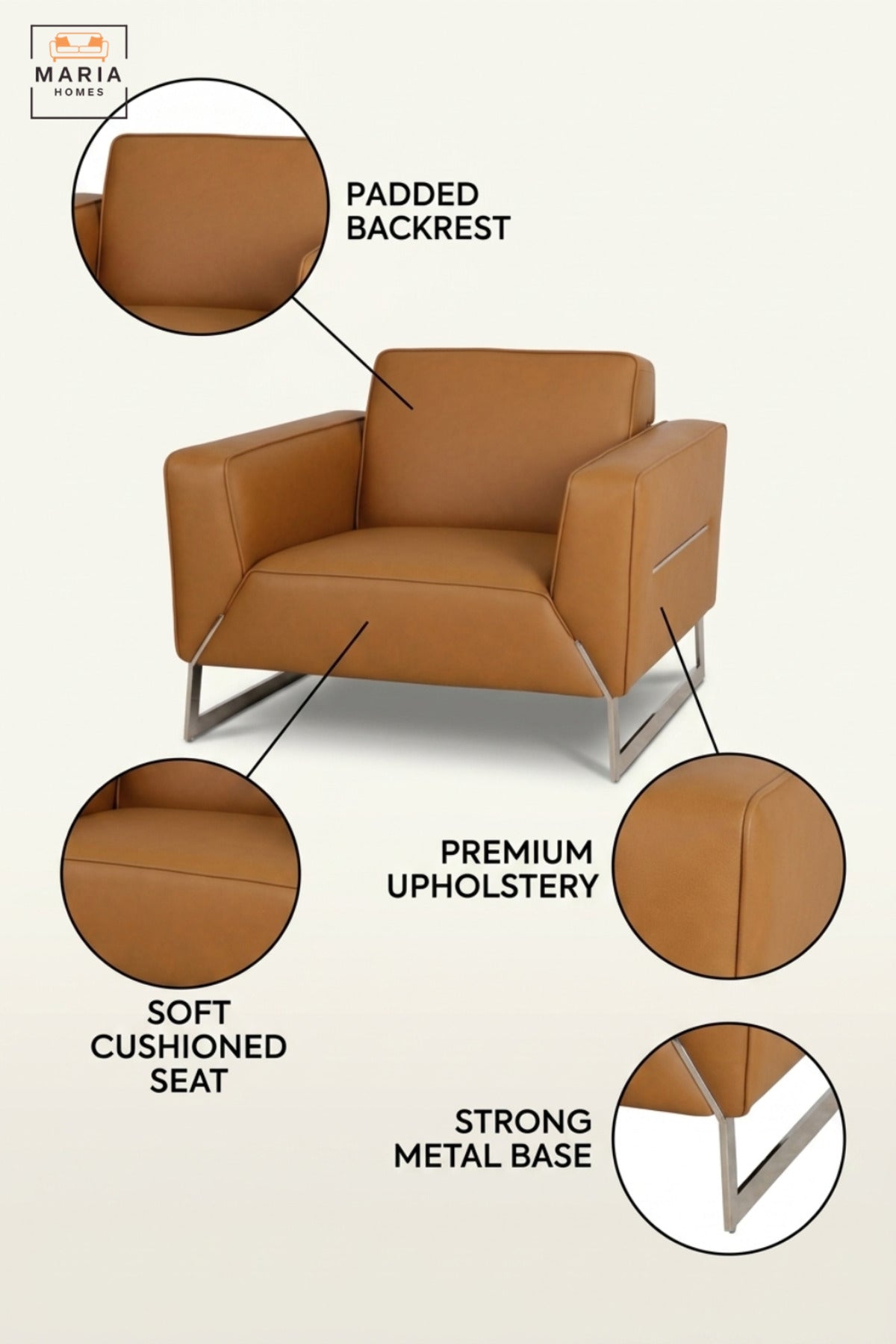 Modern Tan Leather Armchair with Stainless Steel Sled Base, Wide Padded Seat & Armrests, Contemporary Accent Lounge Chair for Living Room Office Reception