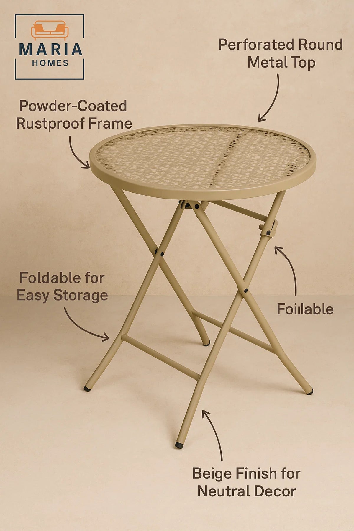 Beige Metal Folding Round Patio Table