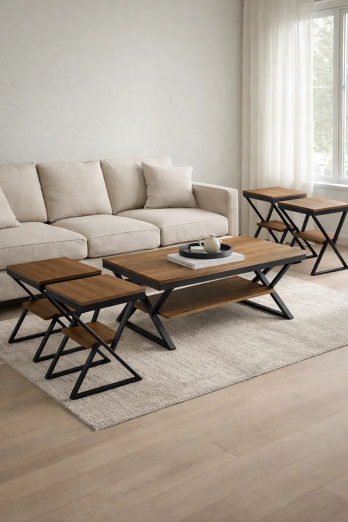 Modern 5-Piece BROWN Center Table Set with Metal Frame and Wood Finish