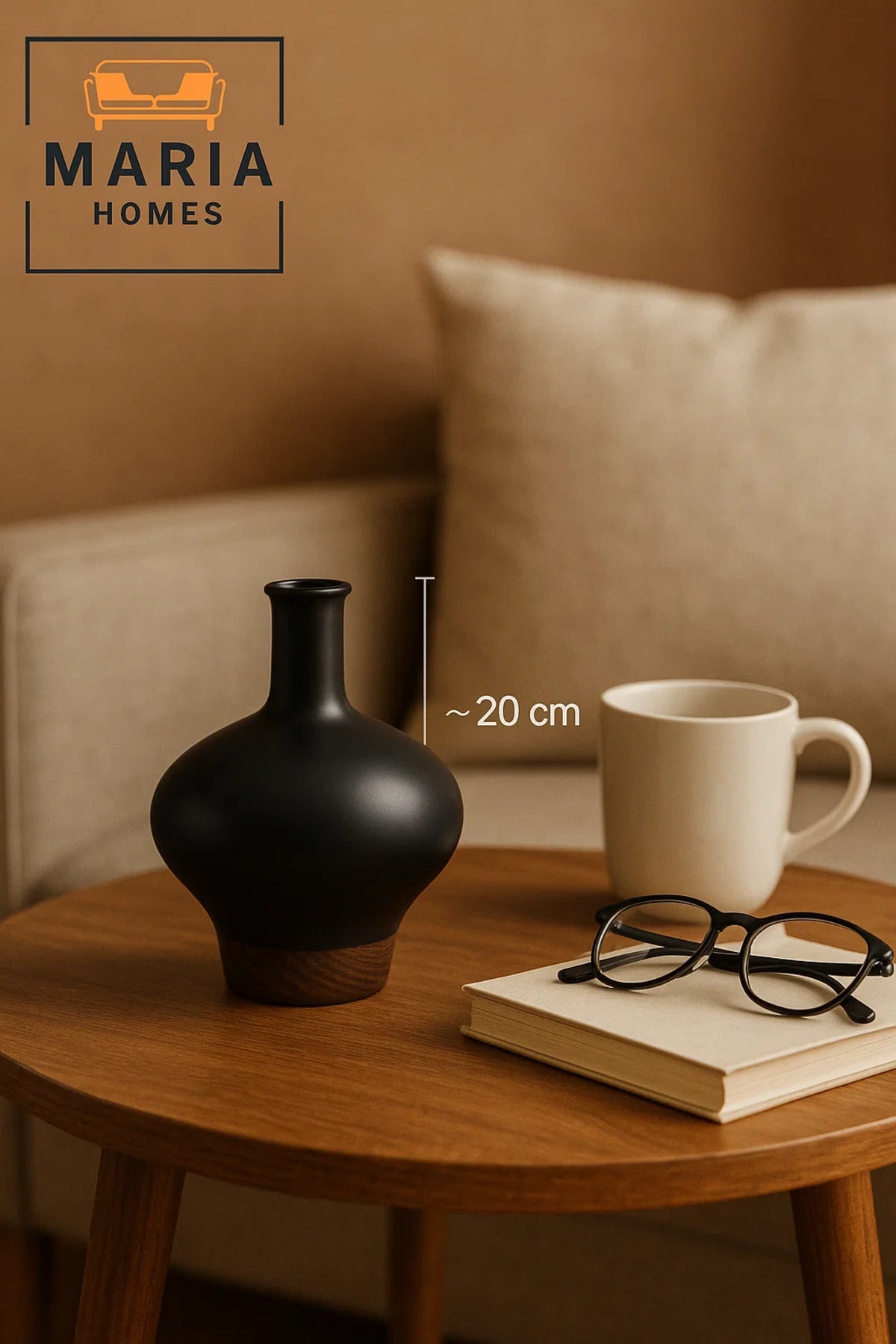 Contemporary Black Ceramic Vase with Wood-Tone Base Ð Rounded Neck Design