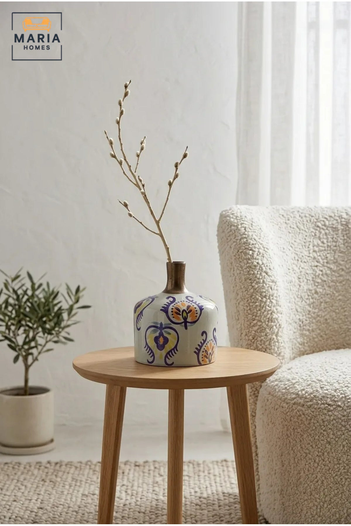 Multicolour Floral Decorative Vase, Modern Ceramic Flower Holder with Narrow Metallic Neck for Living Room, Bedroom, Office, Shelf and Table Décor