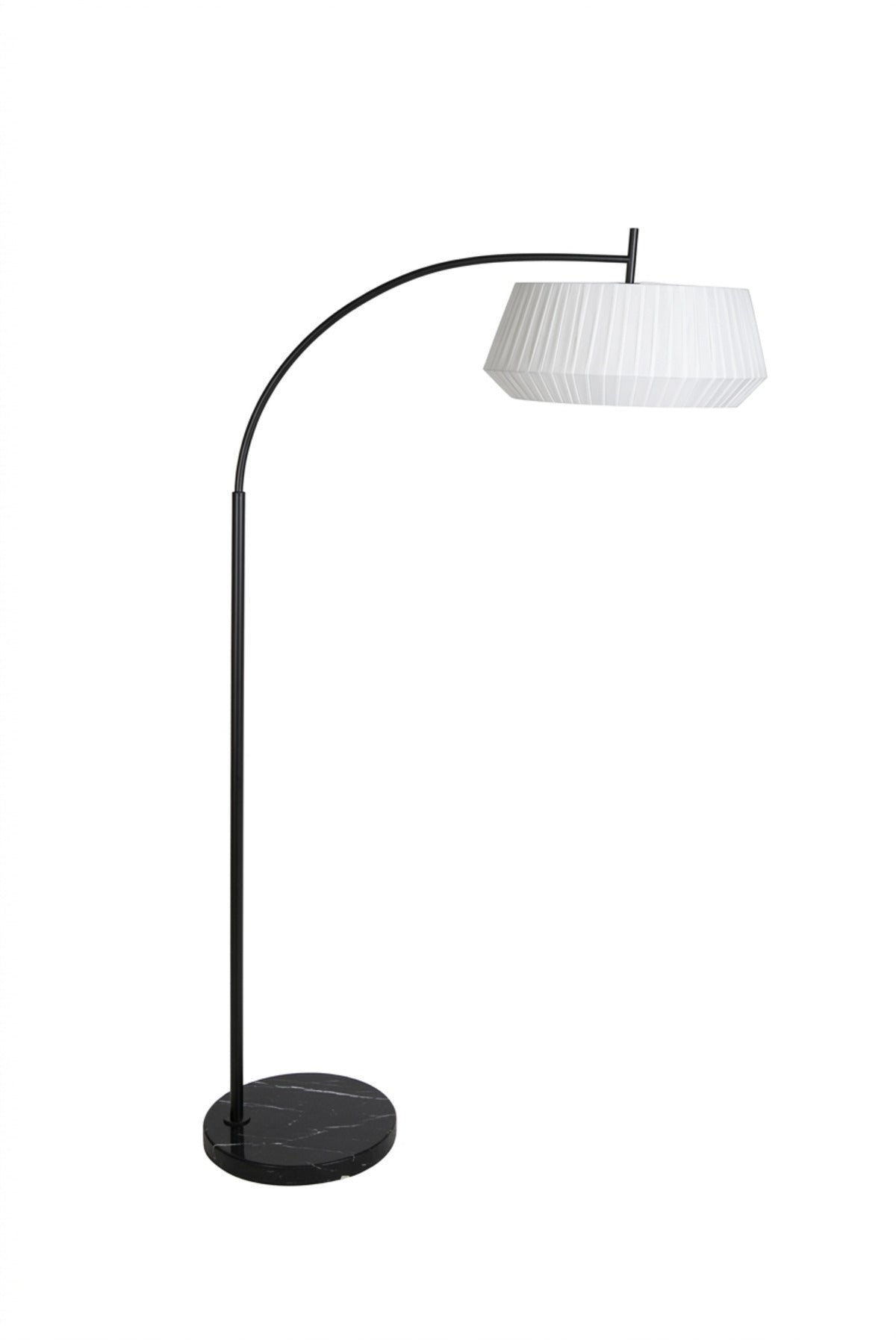 Modern Arc Floor Lamp with Curved Overhanging Arm, Pleated Fabric Shade and Round Base Standing Light for Living Room Bedroom Office and Reading Corner
