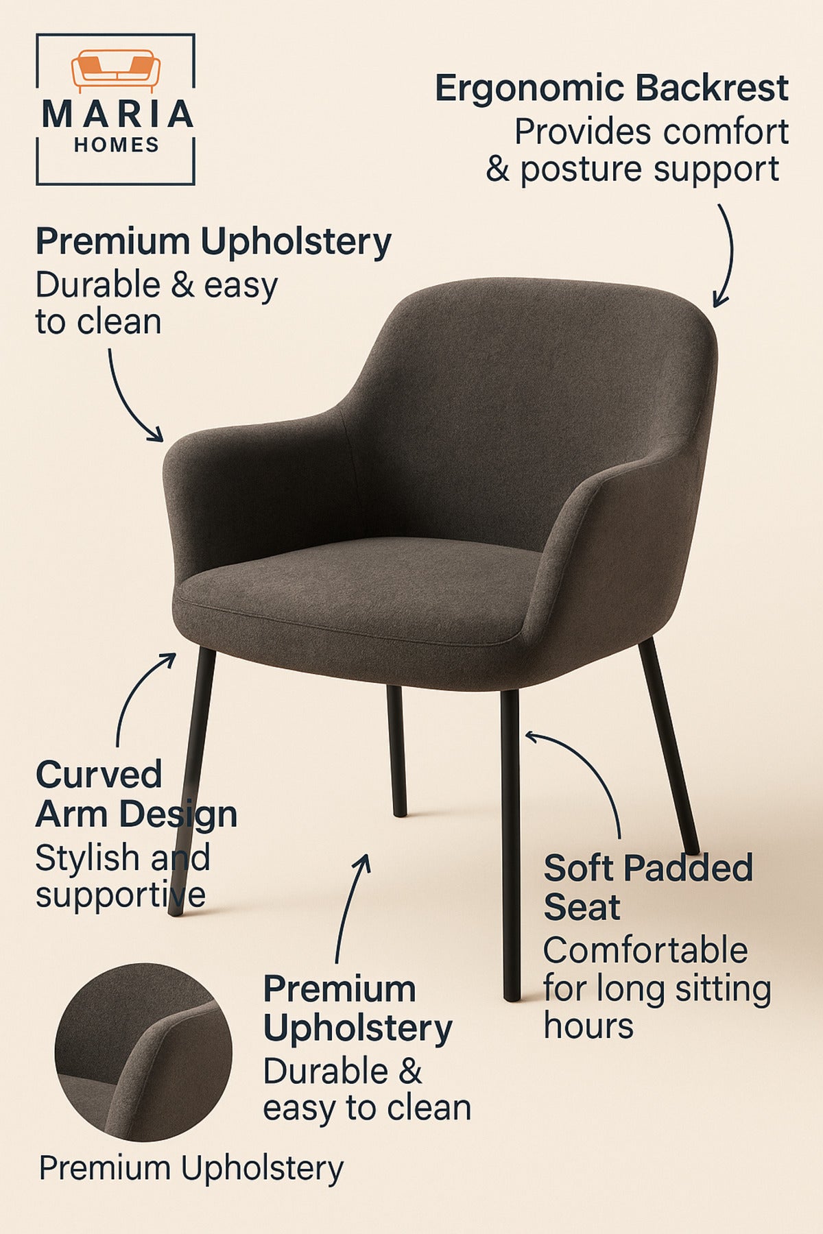 Modern Fabric Armchair Comfortable Upholstered Accent Chair for Living Room & Office