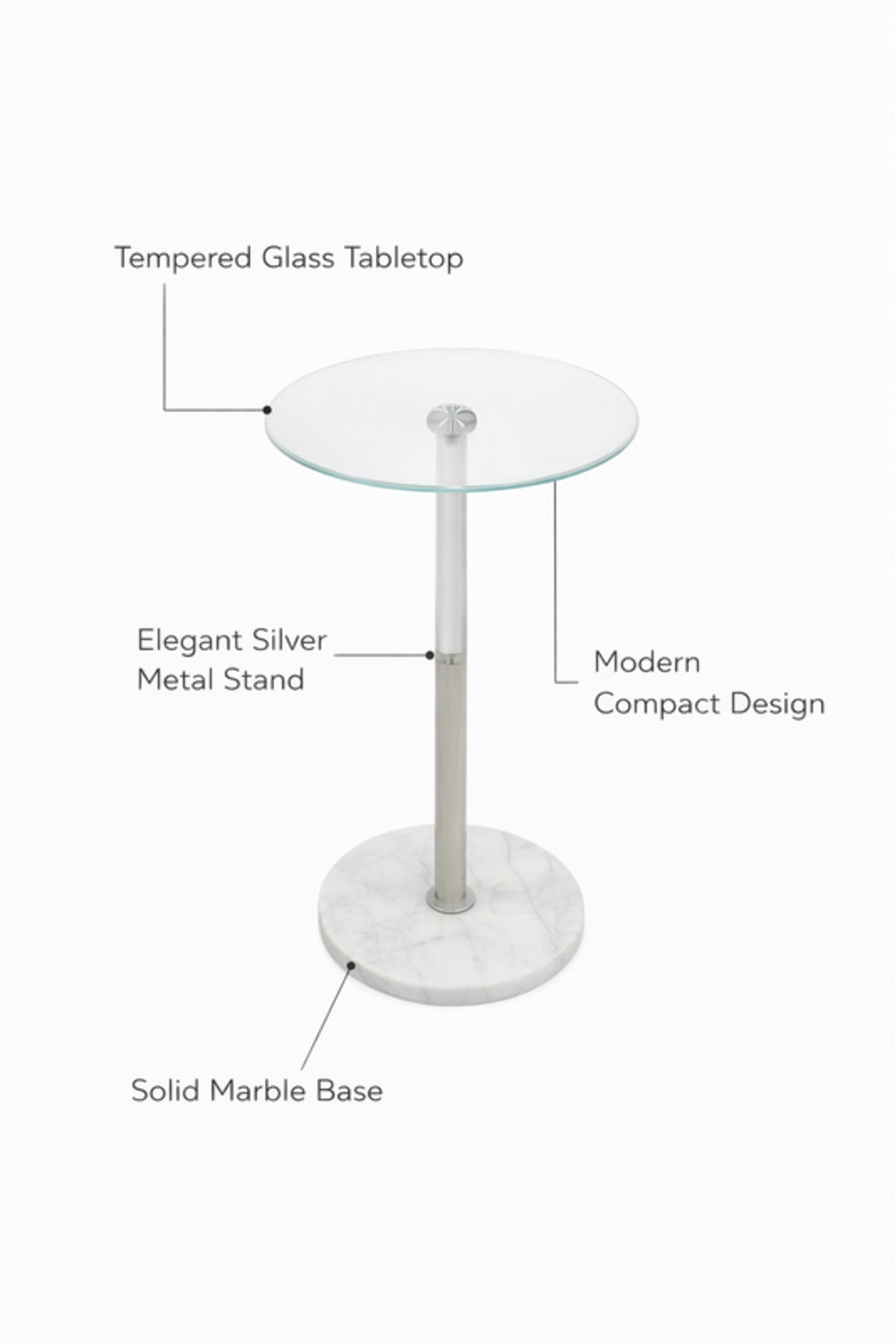 Round Glass Side Table with Silver Column and Marble Base 35_35_56 cm Accent round