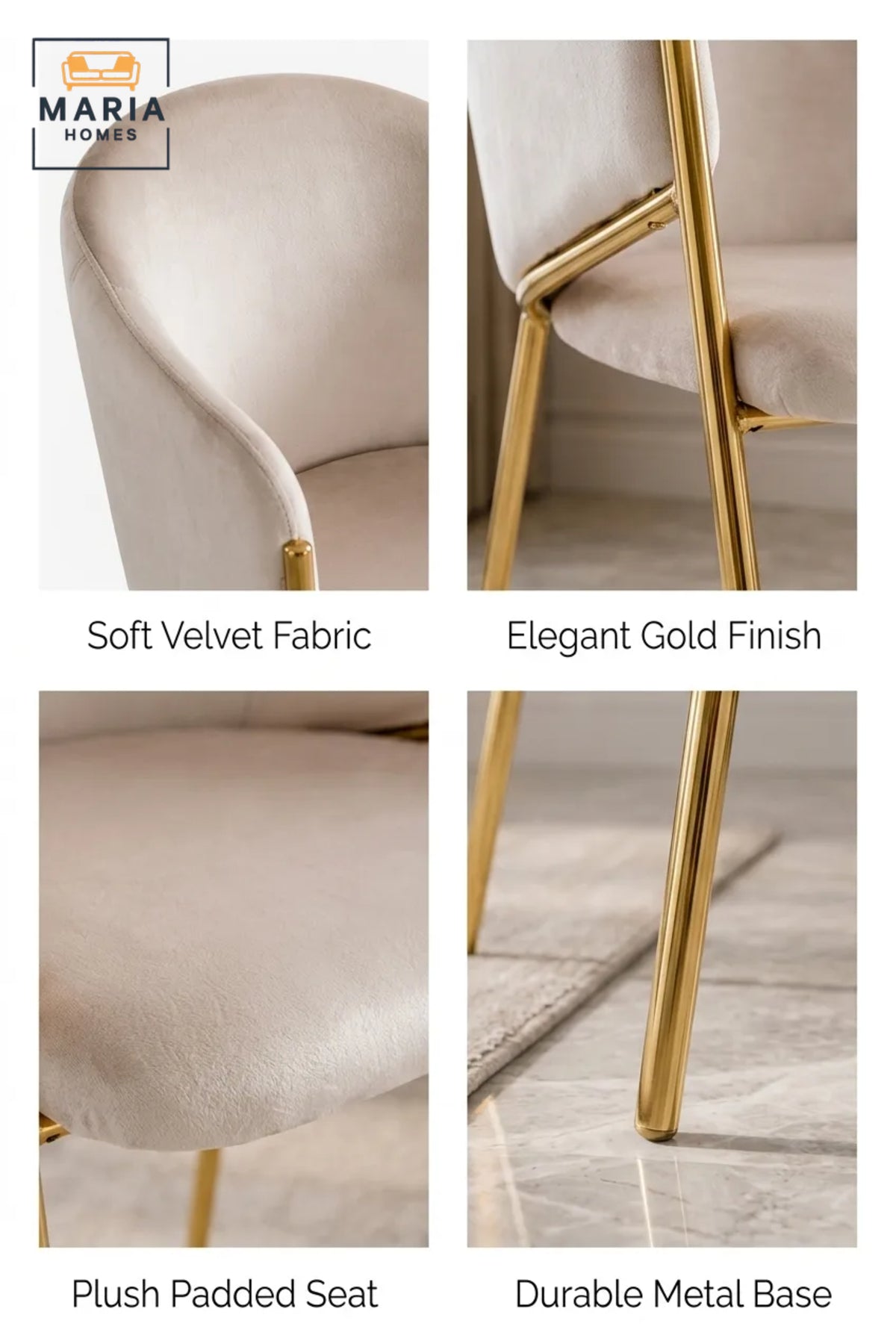 Cream Velvet Dining Chair with Gold Metal Legs √ê Modern Upholstered Accent Chair for Dining Room, Living Room, Bedroom & Lounge