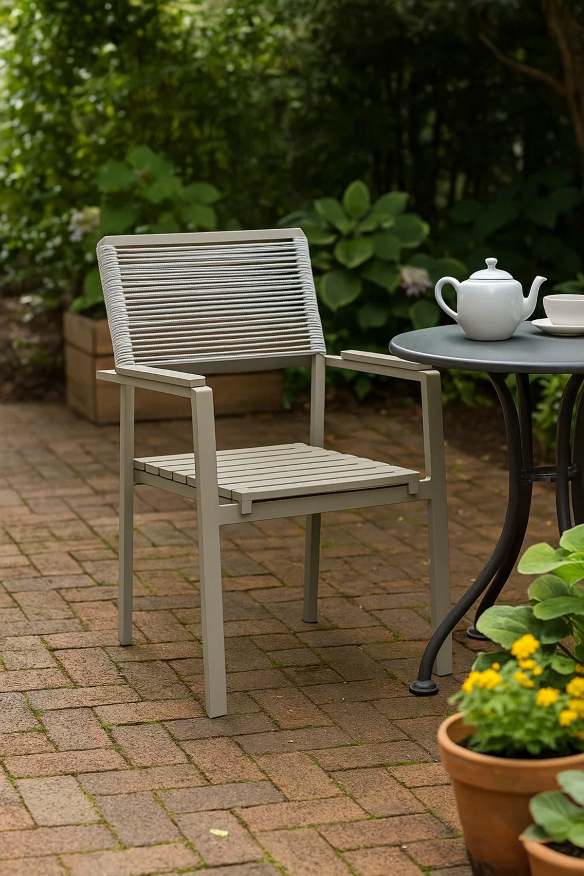 Modern Garden Chair with Armrest Beige Metal Frame Outdoor Patio Dining Furniture