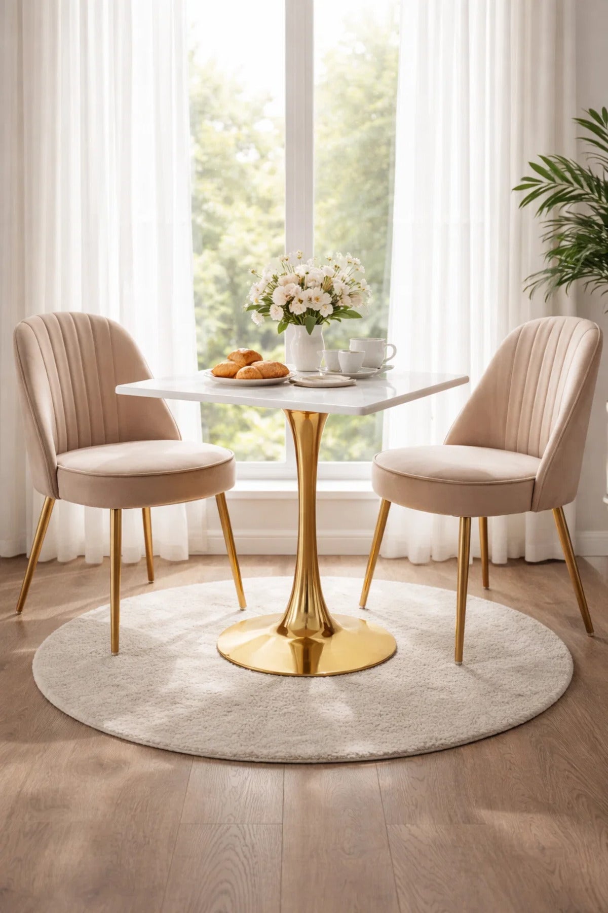 Square White Marble Style Caf≈Ω Table with Gold Base 70 _ 70 _ 75 cm