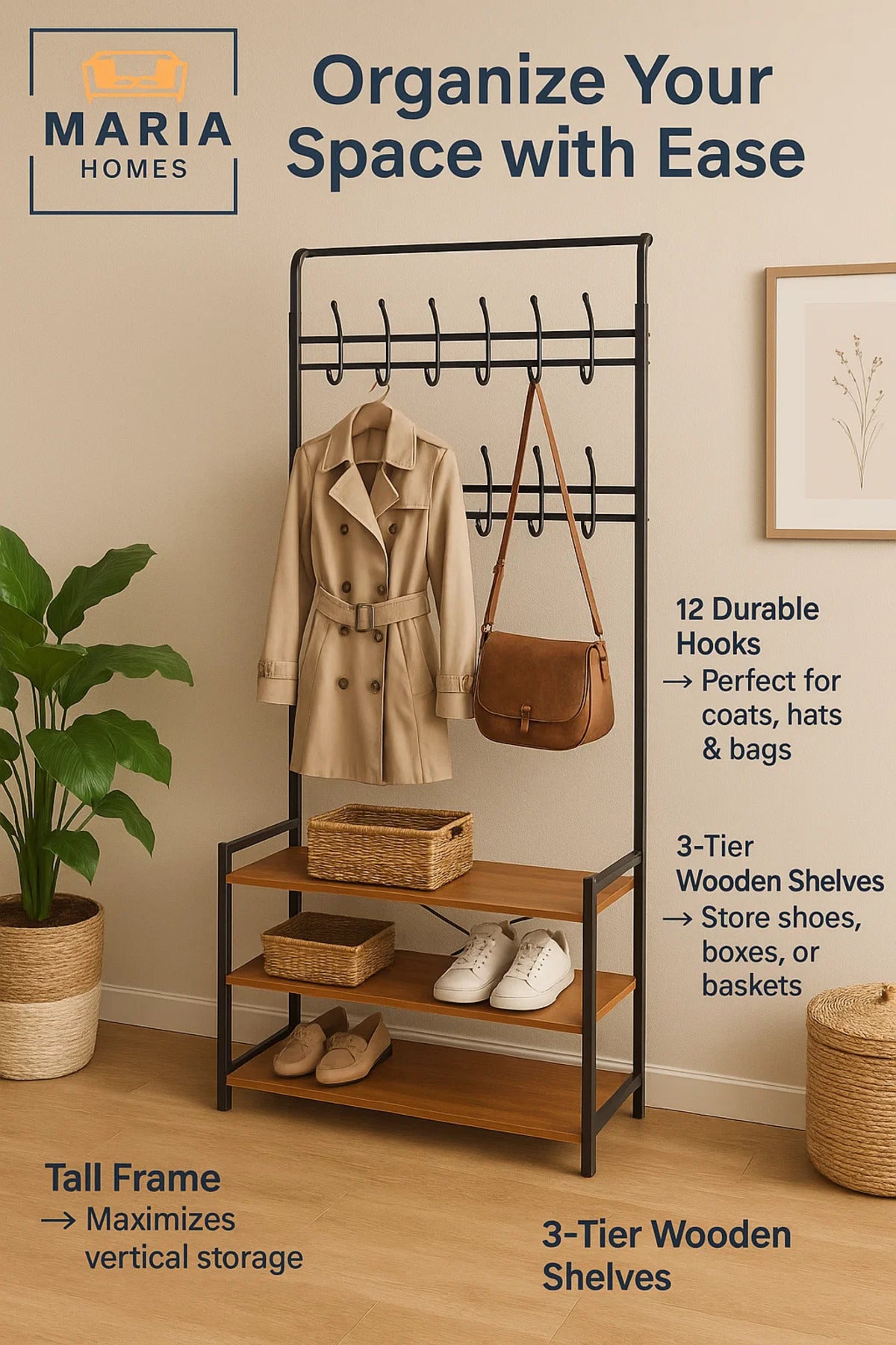 Multi-Tier Metal Coat Rack with Hooks and Wooden Shoe Shelves