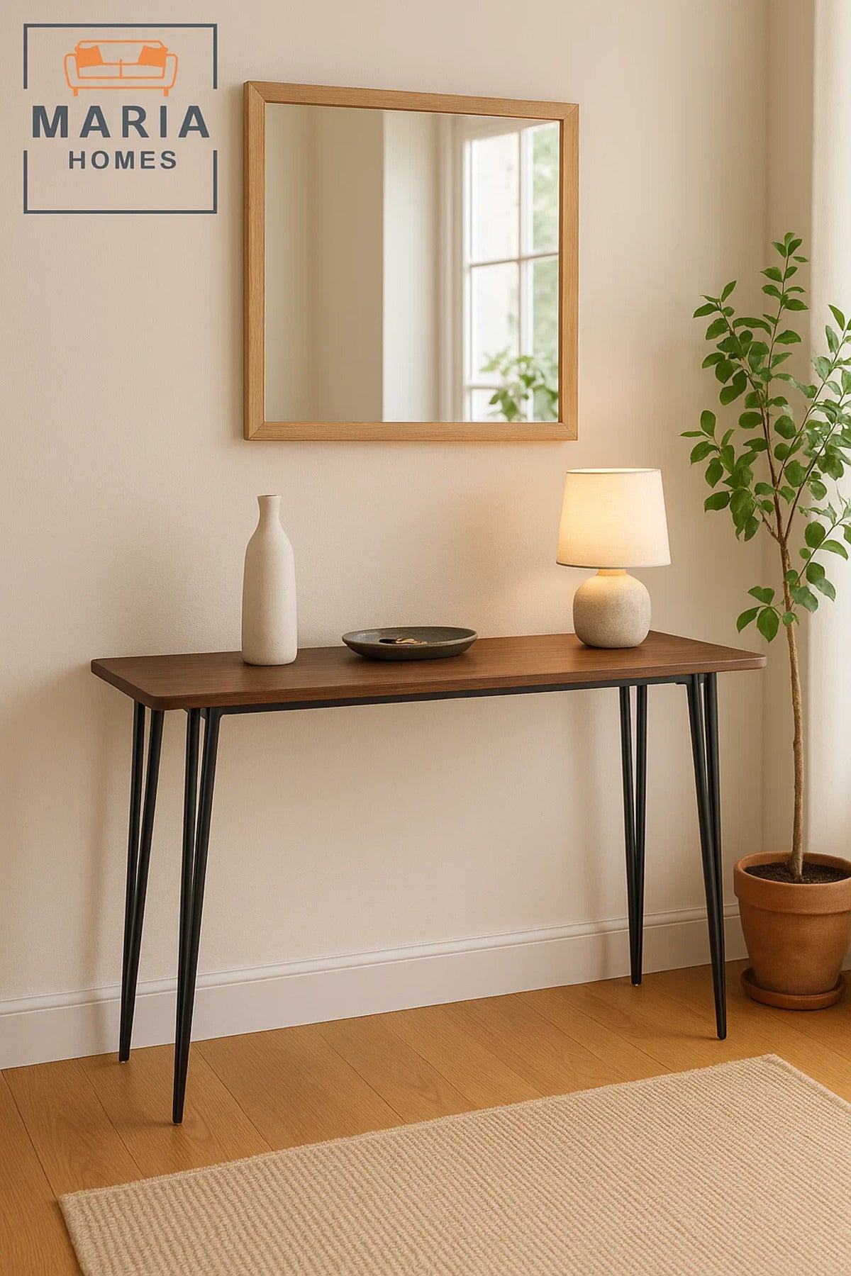 Modern Console Table 120x40x80cm √ê Walnut Finish Top with Sleek Black Metal Hairpin Legs